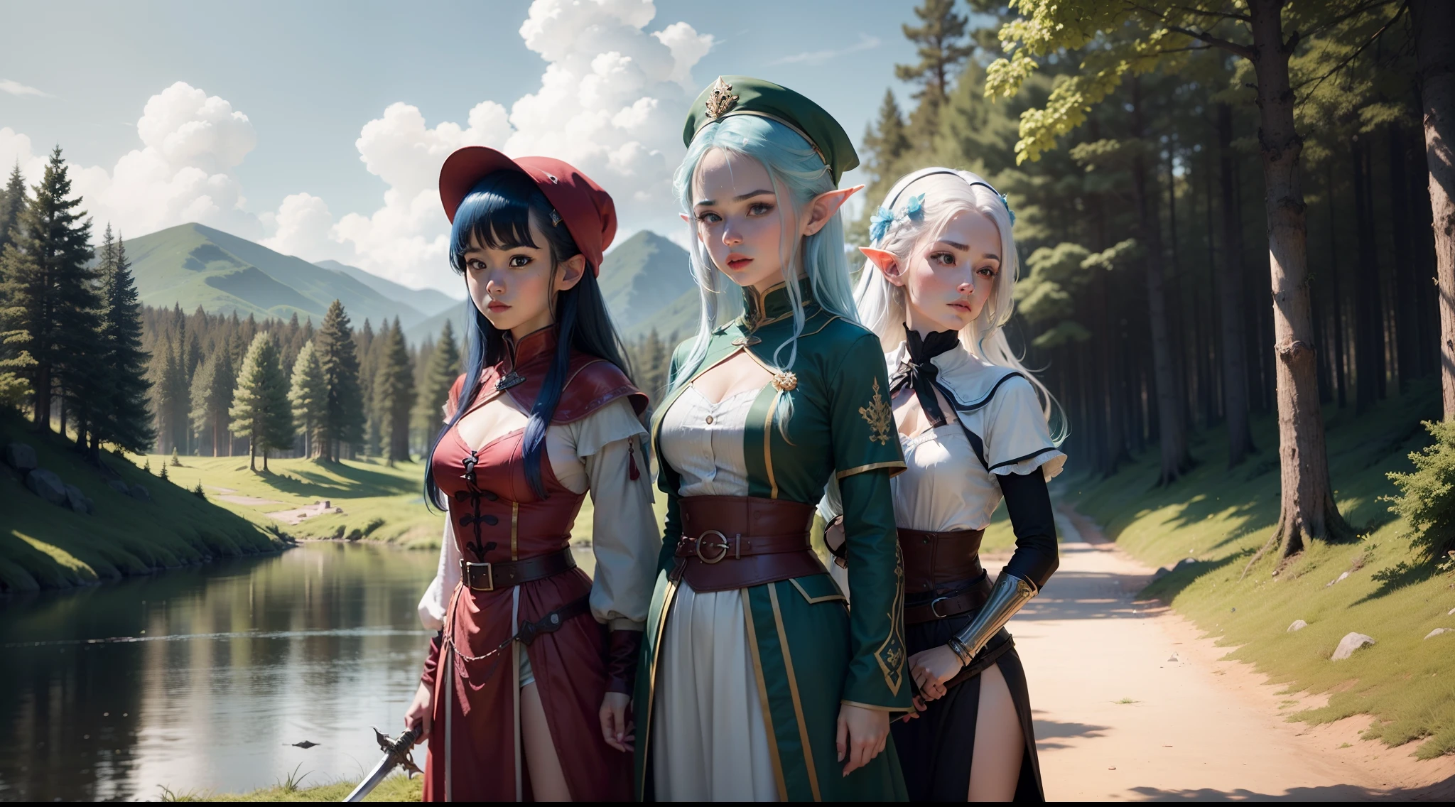 Three girls,redheadwear,whaite hair,blue hair,The redhead is the royal sister,White hair is elf,Blue hair is ,Blue-haired is a mage,The redhead is a swordsman,The background is a large forest,with blue sky and white clouds