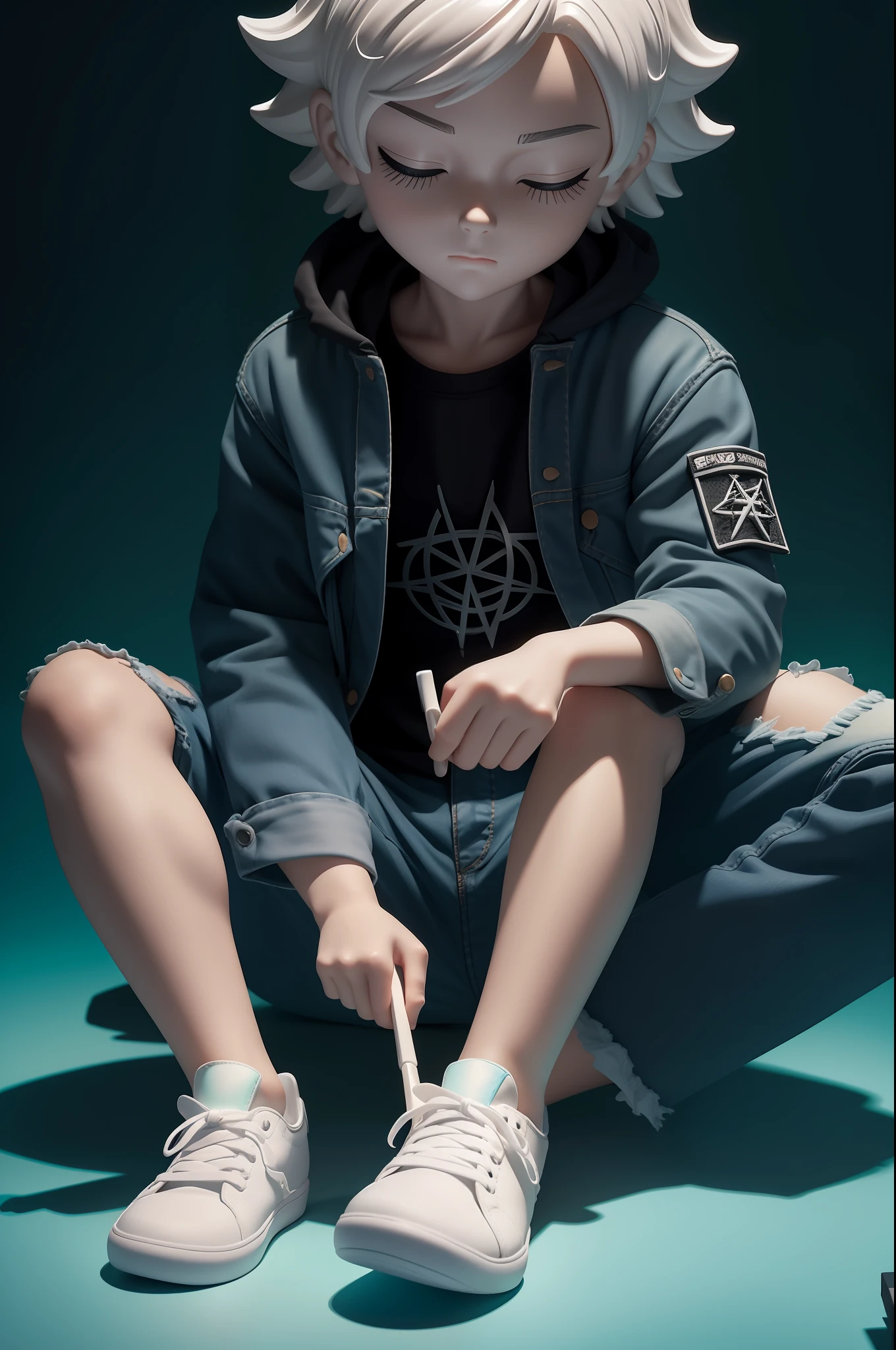 Blind box figures,Big head doll,Sit cross-legged on the ground,Brush in hand,Facial expression loneliness,With his eyes closed,Blue Tops,A pentagram on the chest,ripped jeans,White sneakers,Keep in a glass case,clean backdrop,exquisitedetails,Summarize the image,Full body like,fluorescent light,cold shades,Glow-in-the-dark effect,Q version figures,Bubble Mart,exquisitedetails,3Drenderingof,Best quality at best,4K,hd render,Trendy toys,Clay material,Lovely rendering effects