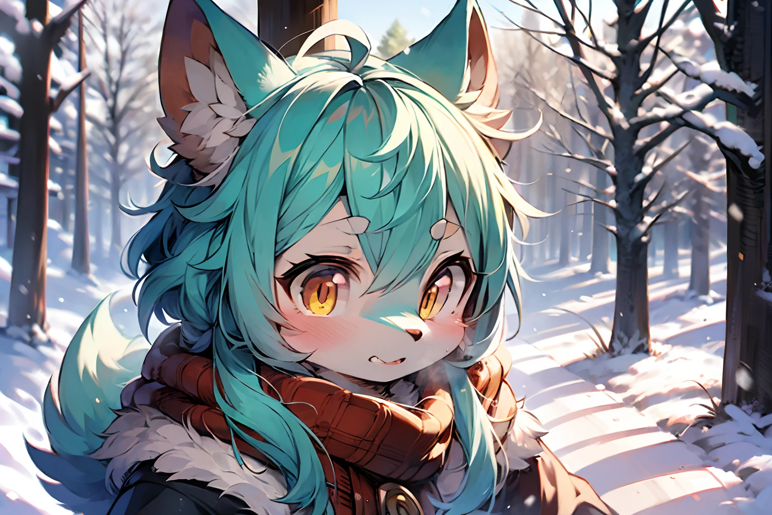 (by Dagasi:1.1),Break,tmasterpiece,A high resolution,8K,detailedbackground,high qulity,Break,Break,((Light blue fur,whaite hair,Black sclera,oni horn,2 corners,Yellow eyes,fluffly,Detailed fur)) furred,breaking,femele,human - shaped,((Be surrounded by snow-capped scenery in the early morning)),(Light penetrates the forest),((Extreme light and shadow)),((Warm light))