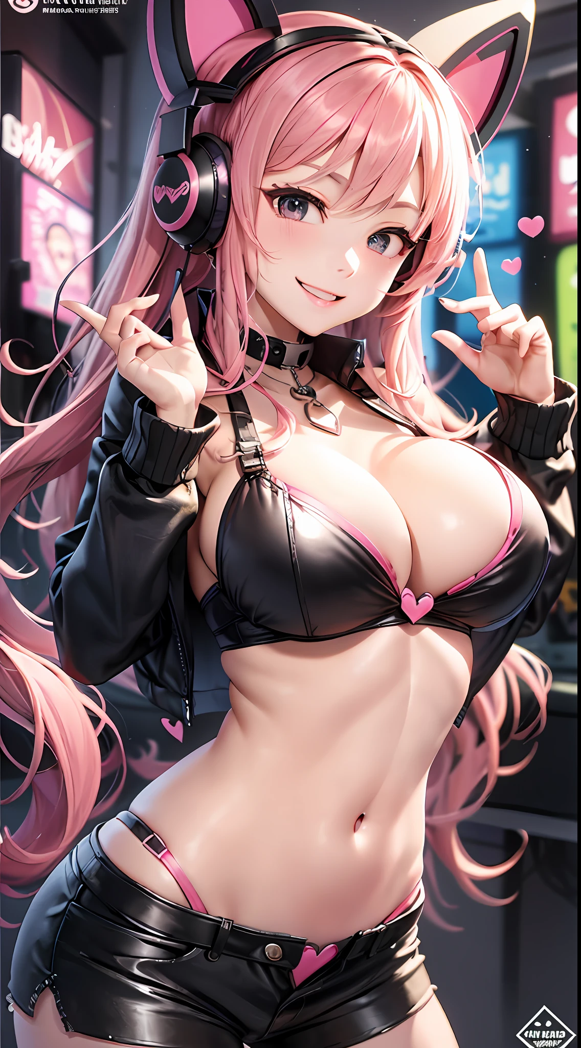 A pink-haired。length hair。Twin-tailed。Black leather shorts。Pink Parker。耳Nipple Ring。A MILF、C cup breasts、Heart-shaped chest。Heart logo。huge smile。Game Center。arcade、headphones。a navel。Futomo。Navel Ejection。piece sign、