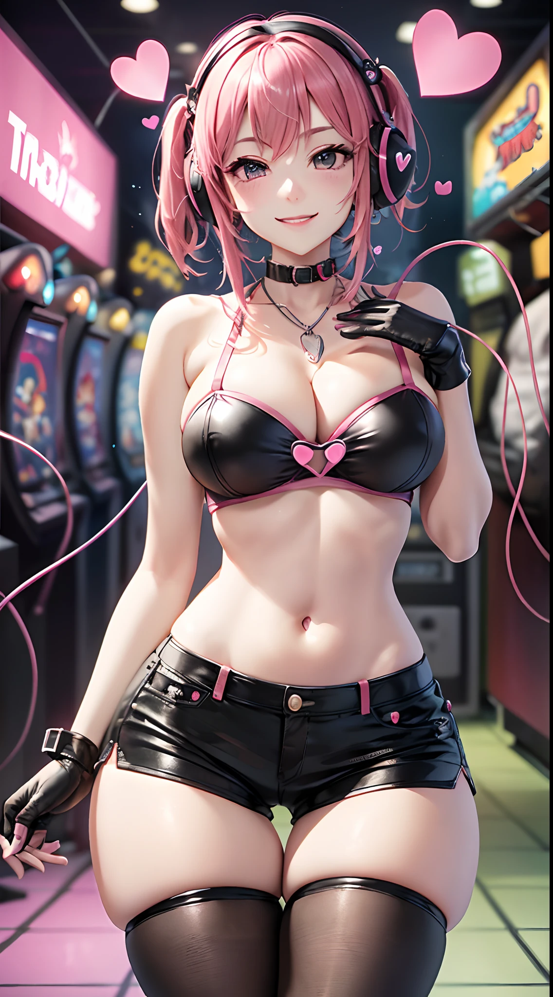 A pink-haired。length hair。Twin-tailed。Black leather shorts。Pink Parker。耳Nipple Ring。A MILF、C cup breasts、Heart-shaped chest。Heart logo。huge smile。Game Center。arcade、headphones。a navel。Futomo。Navel Ejection。piece sign、