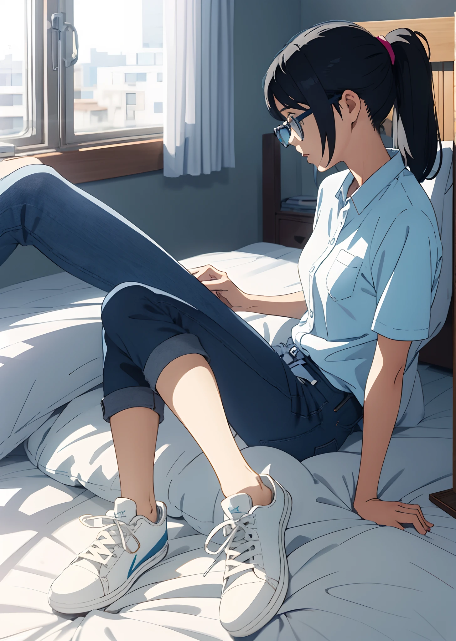 Short navy blue shirt, female,Two-dimensional painting style mutation,Black ponytail,Pink square-rimmed glasses,Light blue short jeans,Wearing white stockings,White sneakers,Lie down in bed,Half confused,Look at the phone