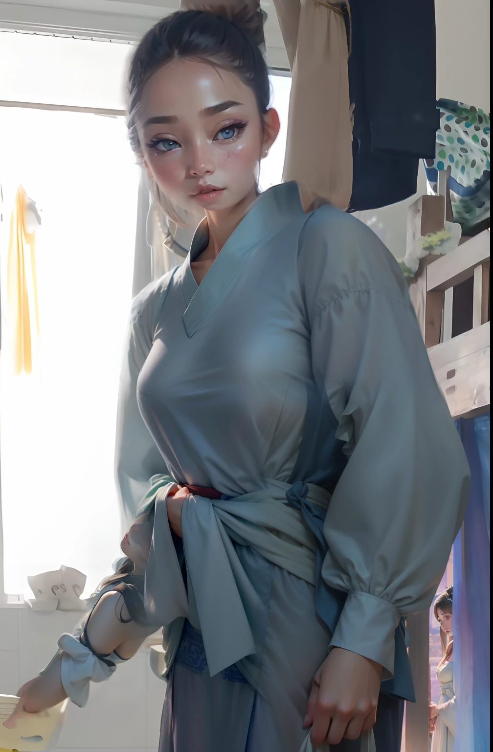 1 beautiful and cute reality girl, Gentle young girl, Waist length hair, cabelos preto e longos,Slightly blue, Light blue eyes, wearing a long, Thin, a blue dress,Hanfu style, ((a blue dress,White lace border covers the girl's:0.8)), Style Hanfu, Wearing an ancient Chinese silk shirt, Pink and smooth white skin, Dressed in a low-key antique Audai, appears shoulders and head in the photo,Cute little face, Eye bags under wet makeup, Plump red lips, Pout, ((Closed mouth:1.0)), Balance incisors, Embarrassed, Small face makeup detailed,Tremendously beautiful, Breasts are super round and firm, Breast augmentation, Blum chest, ((Cover the girl's chest with a camisole inside:1.2)), Blush, from the front side, Wear earrings, choker necklace, From above, view the viewer, Upturned eyes, Upper body, Masterpiece, Top quality, Best quality, offcial art, Unity 8k wallpaper, A high resolution, Ultra-high RES, Ultra-detailed, (Photorealistic:1.2), Alone, Solo, only 1girl, Style Hanfu Dunhuang, 10x pixel, Super realistic, Ultra high quality, Full body view of girl, Upper body,