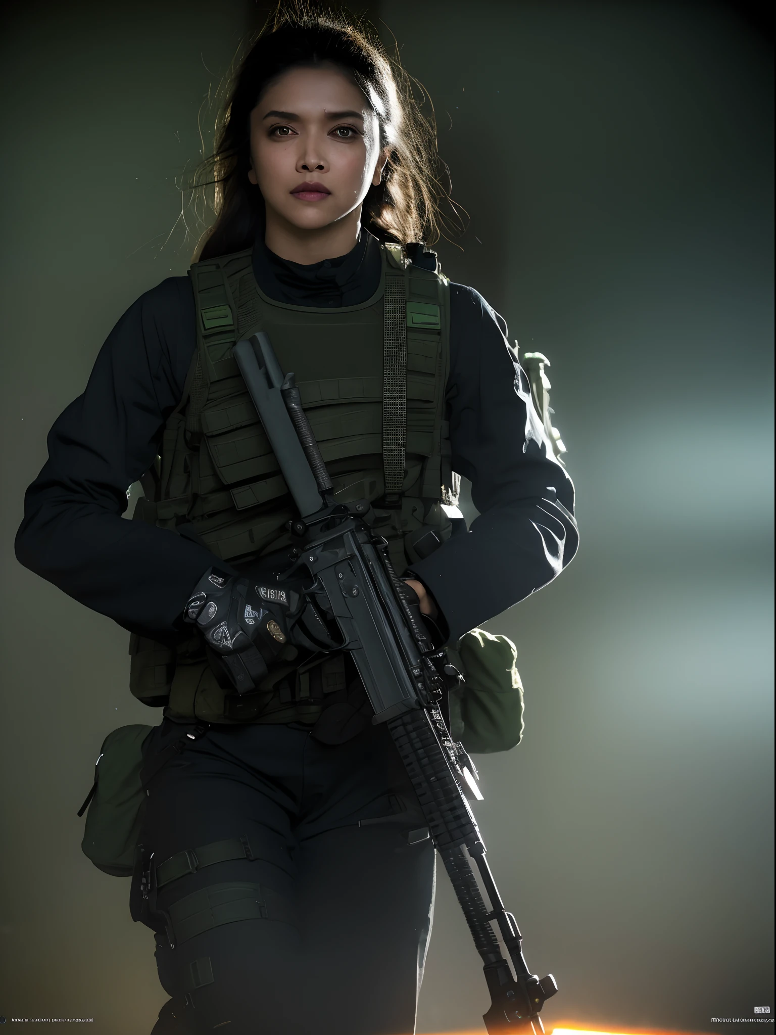 absurdres, highres, ultra detailed, cowboy shot, solo, front view, cinematic lighting, ultra realistic
AK15, ak15armor, standing, holding assault rifle, firing bullets, war background serious, (()), rubble, ruin, war, patrol, stand-to, millitary action, looking at viewer, glowing mechanical purple eyes, ((fighting stance)), green fog, return blood, Deepika