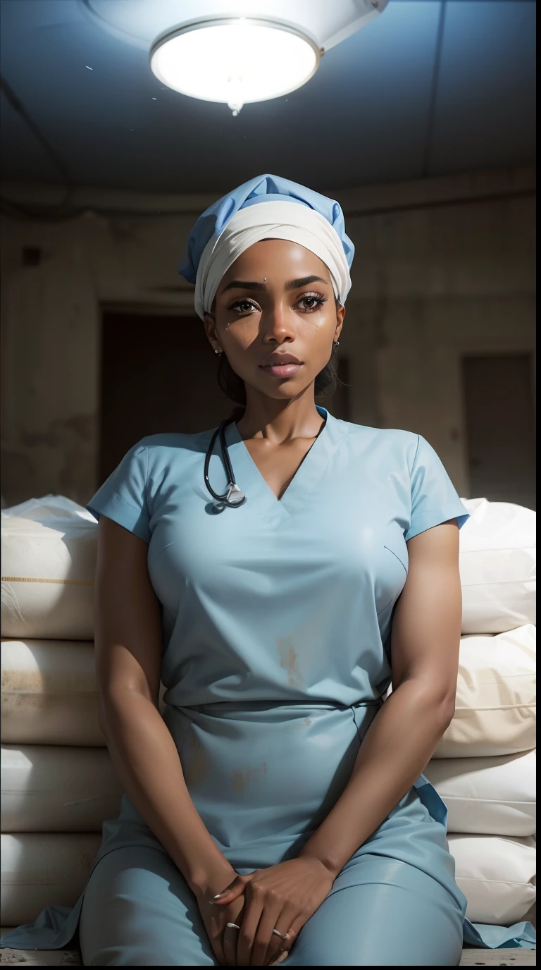 black woman in blue nurse clothes sitting on top of just three bags of cement, background inside a medical clinic, sharp facial features ultra realistic 8k