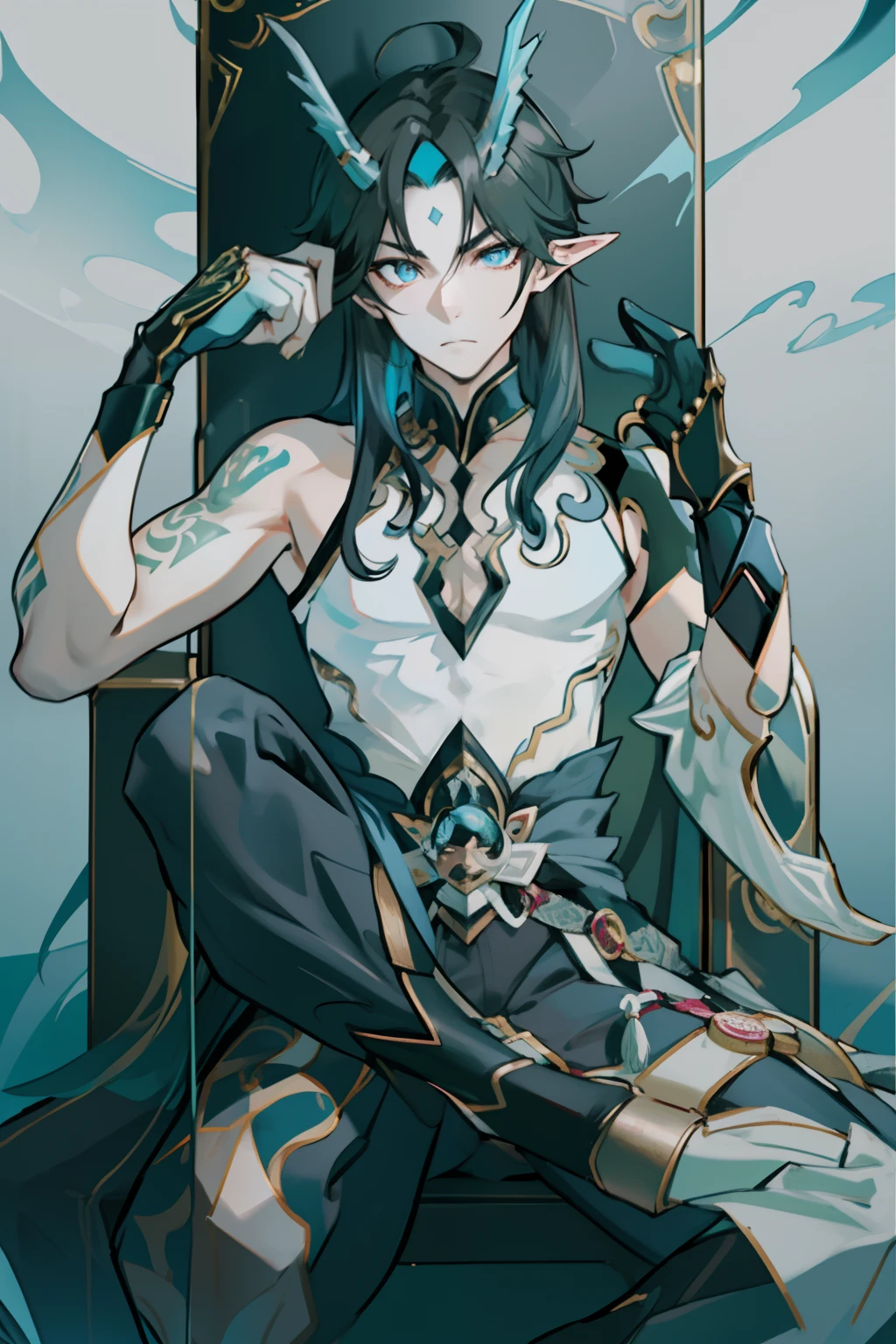 (absurderes,A high resolution,Hyper-detailing,hdr),Dragon's horn,younge boy,tmasterpiece,best qualtiy,1人,独奏,Handsome,Golden eyes,Fine eyes and detailed face,toppless,Tattooed with,arma,seated on a throne,Indifferent and arrogant,Abs,chest muscle,Raised sexy,Ruffian,Show your temperament,Male,masculine appeal,Male characteristics are distinct,Long messy hair,Arrogant self-confidence,Sitting majestically on the throne,Legs crossed,white pantie,supreme,Lazy