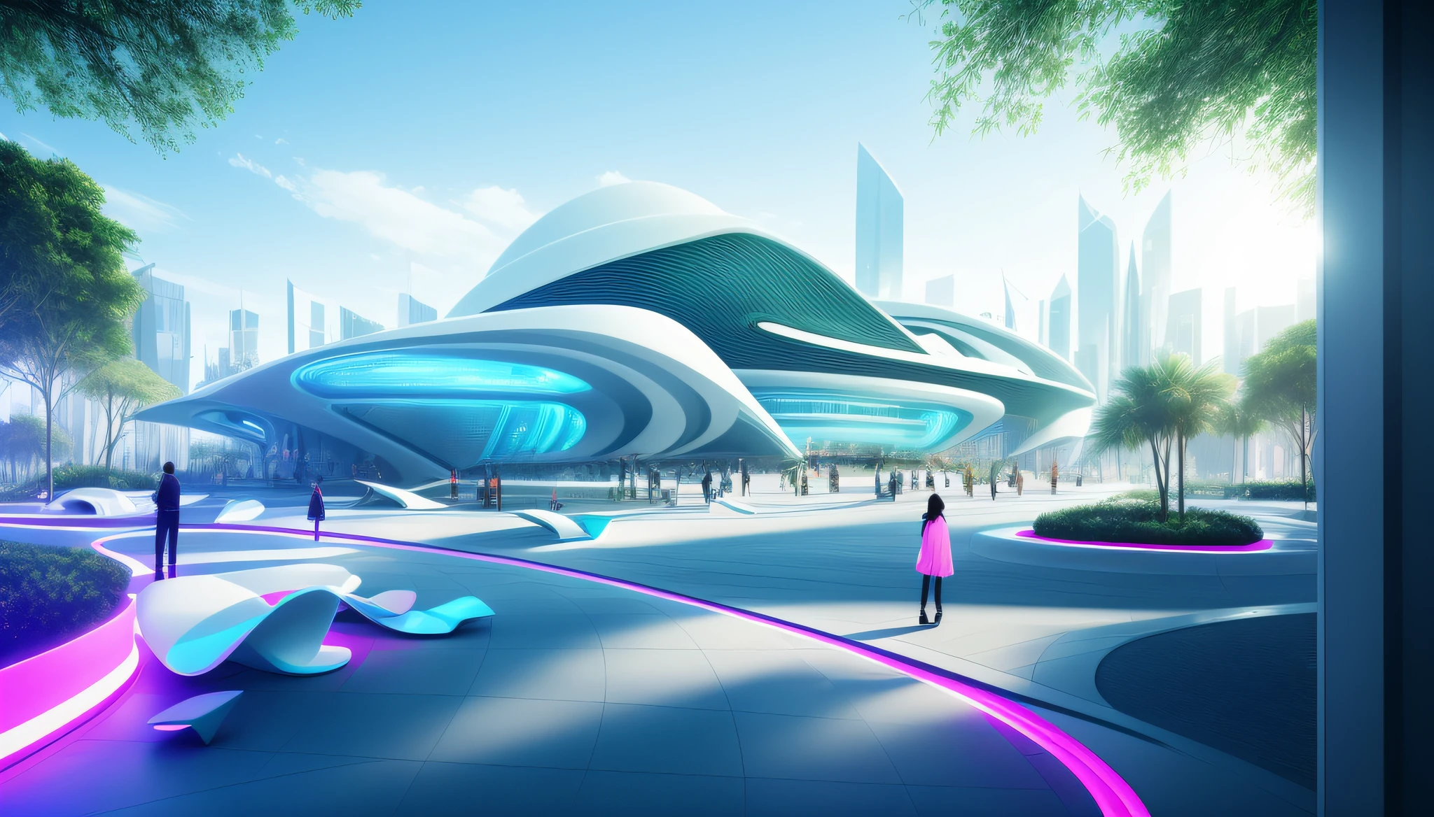 Someone walks in the city's parks, author:Chass is silent, inspired by Zha Shibiao, futuristic architecture concept, detailed futuristic architecture, huge futuristic building, futuristic government chambers, futuristic architectural art, portal. zaha hadid, Futuristic architecture, concept art 2022, futuristic palace, futuristic concept art, in style of zaha hadid architect,Neon light、the night、Efeito de Luz