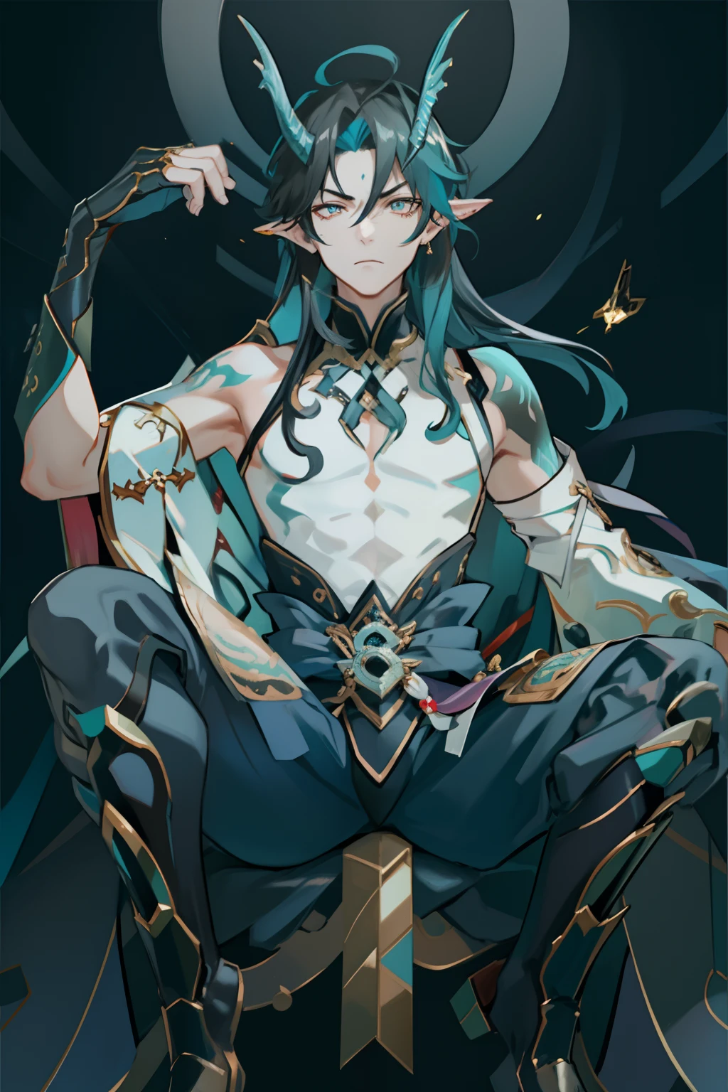 (absurderes,A high resolution,Hyper-detailing,hdr),Dragon's horn,younge boy,tmasterpiece,best qualtiy,1人,独奏,Handsome,Golden eyes,Fine eyes and detailed face,toppless,Tattooed with,arma,seated on a throne,Indifferent and arrogant,Abs,chest muscle,Raised sexy,Ruffian,Show your temperament,Male,masculine appeal,Male characteristics are distinct,Long messy hair,Arrogant self-confidence,Sitting majestically on the throne,Legs crossed,white pantie,supreme,Lazy
