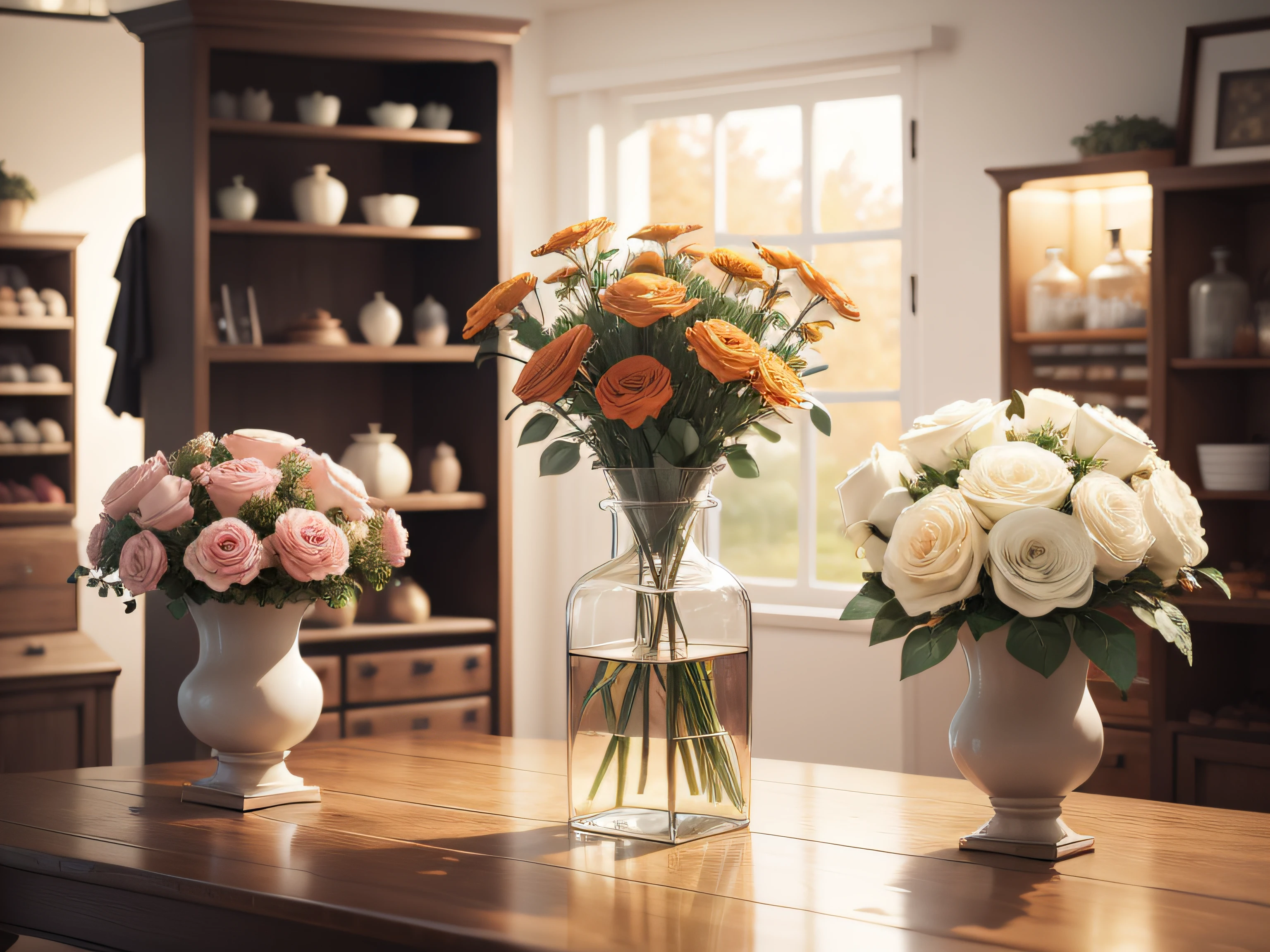 Mini bouquet in September, Store Design, Unique vases, Lots of decorations, Realistically rendered, photo-like style.