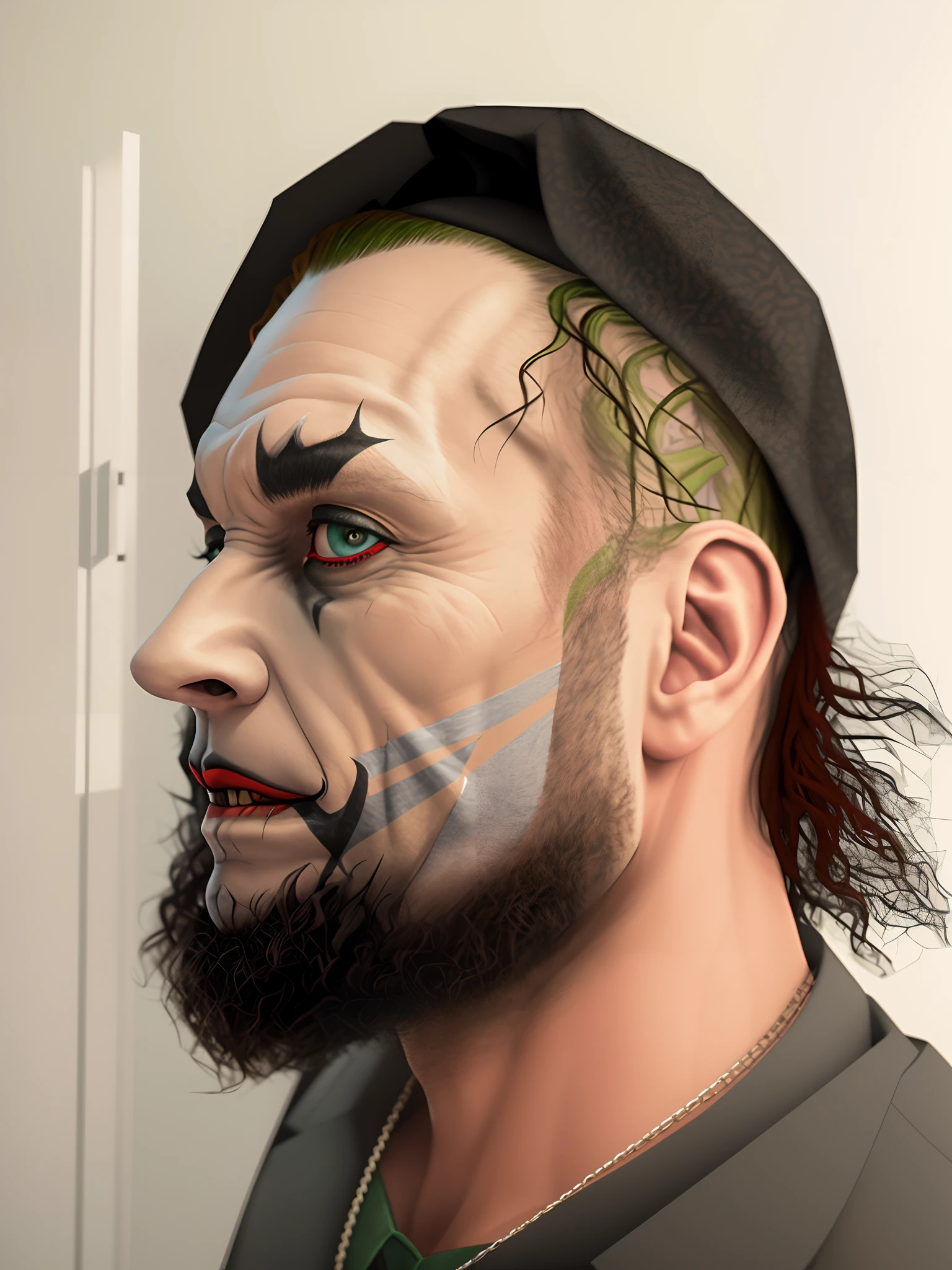 Voyeuristic side view through window, voyeuristic shoulder level shot, ultra detail photo of the notorious villain, Joker in the dark knight, Joker in the room, voyeuristic view into the room through window, shoulder level shot, highly detailed, hyper realistic, octane render, unreal engine, 8k resolution, most vision joker, full masz joker
