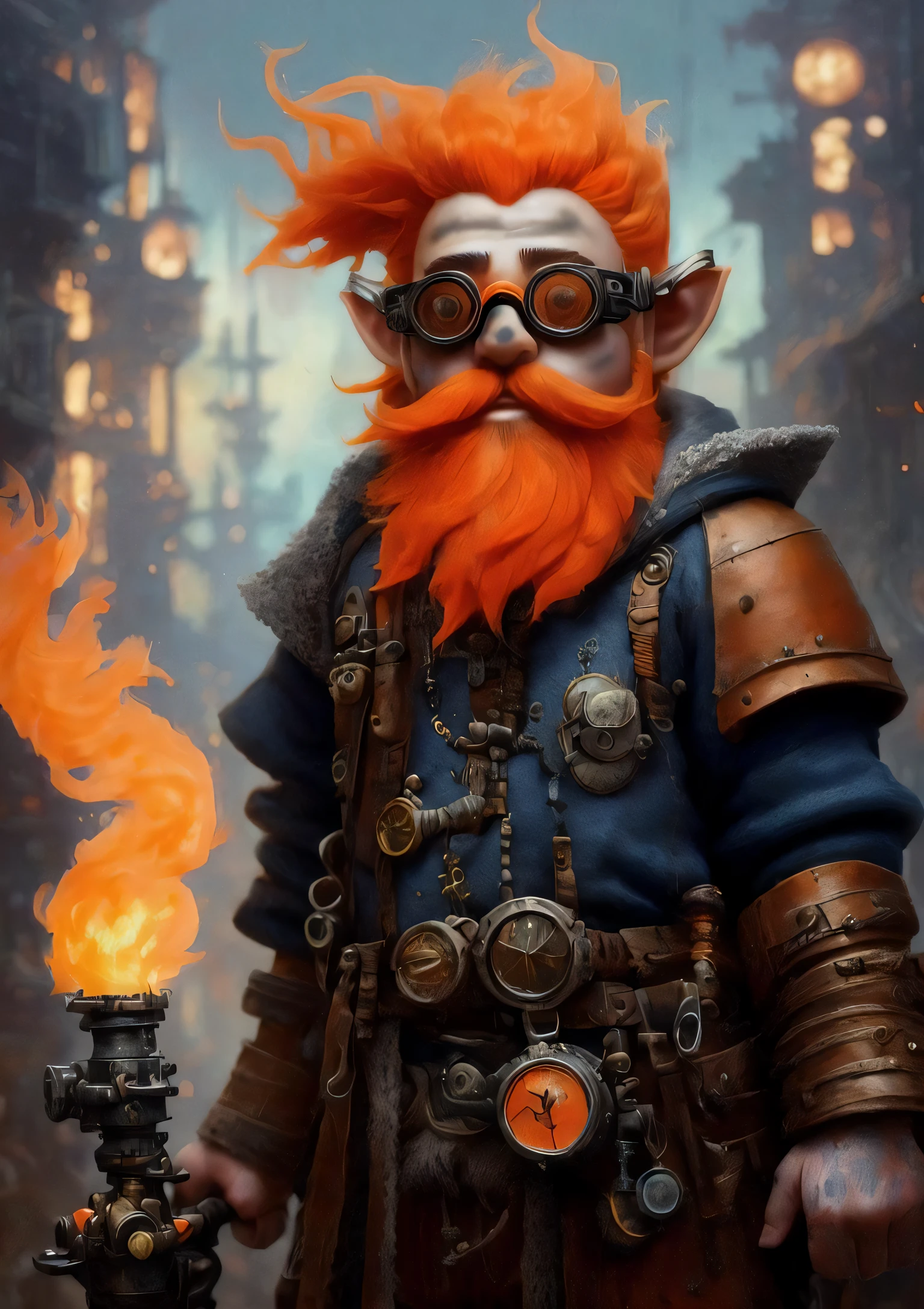 (Cognitive Digital Artwork:1.3) of (Ultra detailed:1.3),(Amusing:1.3) A (full body:1.3) cyberpunk (gnome:1.3) frantic ([artificer:thief]: 1.3) standing near a deafening (fiery large blacksmiths forge:1.1) in a (inventors laboratory :1.2) (insanely detailed:1.5) (highest quality, Alessandro Casagrande, Greg Rutkowski, Sally Mann, concept art, 4k), (colourful), (high sharpness), ((detailed pupils)), ((painting:1.1)), (digital painting:1.1), detailed face and eyes, Masterpiece, best quality, (highly detailed photo:1), 8k, detailed face, photorealistic, (orange crazy hair:1.3), (orange facial hair:1.3), (goggles :1.2), (steam punk smoking pipe : 1.2),CGSociety,ArtStation,(Muted Colors:1.3)