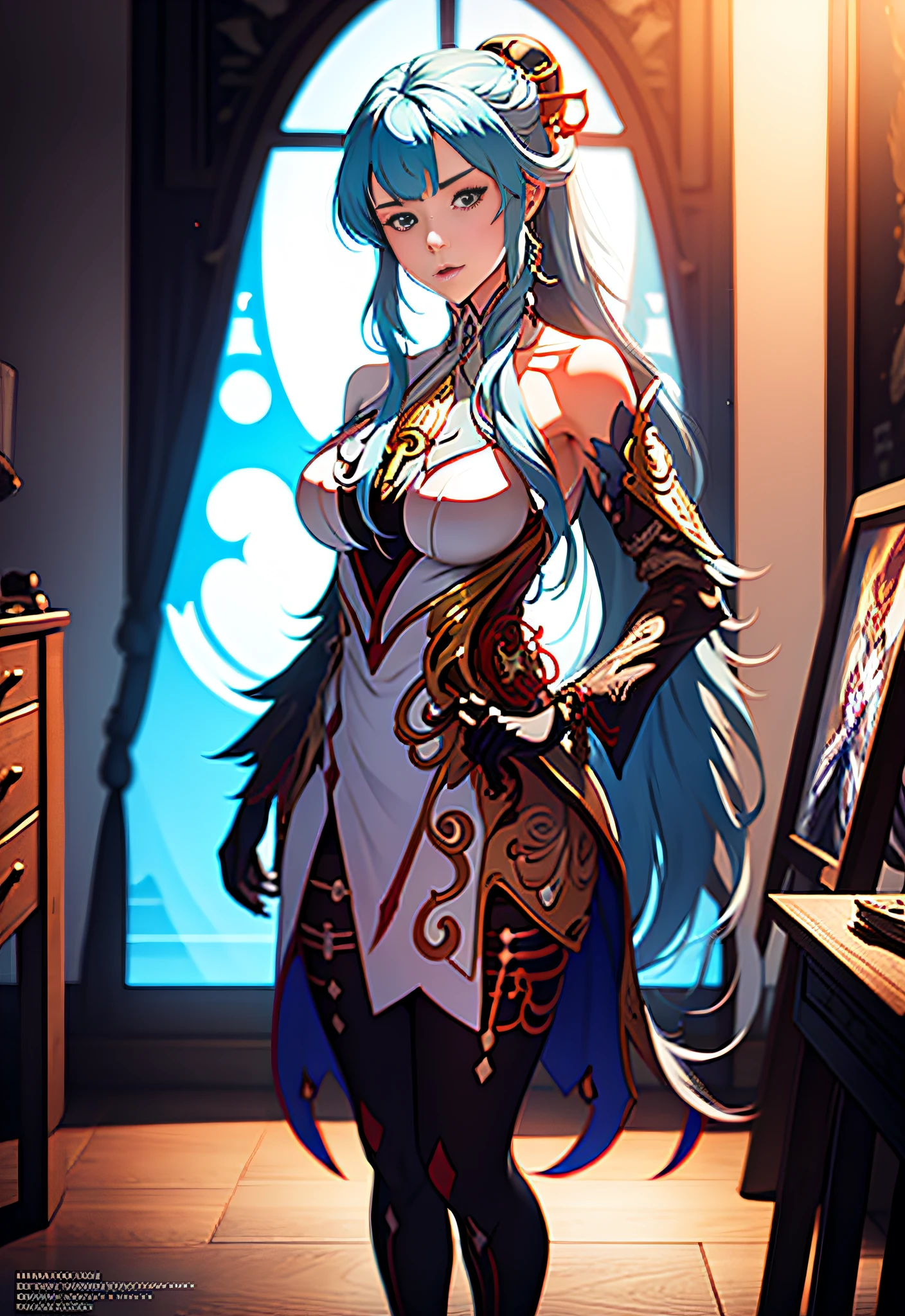 a woman with long hair and blue hair is standing in front of a mirror, detailed key anime art, trending on artstation pixiv, high detailed official artwork, extremely detailed artgerm, 8k high quality detailed art, detailed anime artwork, detailed anime art, cushart krenz key art feminine, detailed digital anime art, ganyu from genshin impact, ganyu /(genshin impact/)