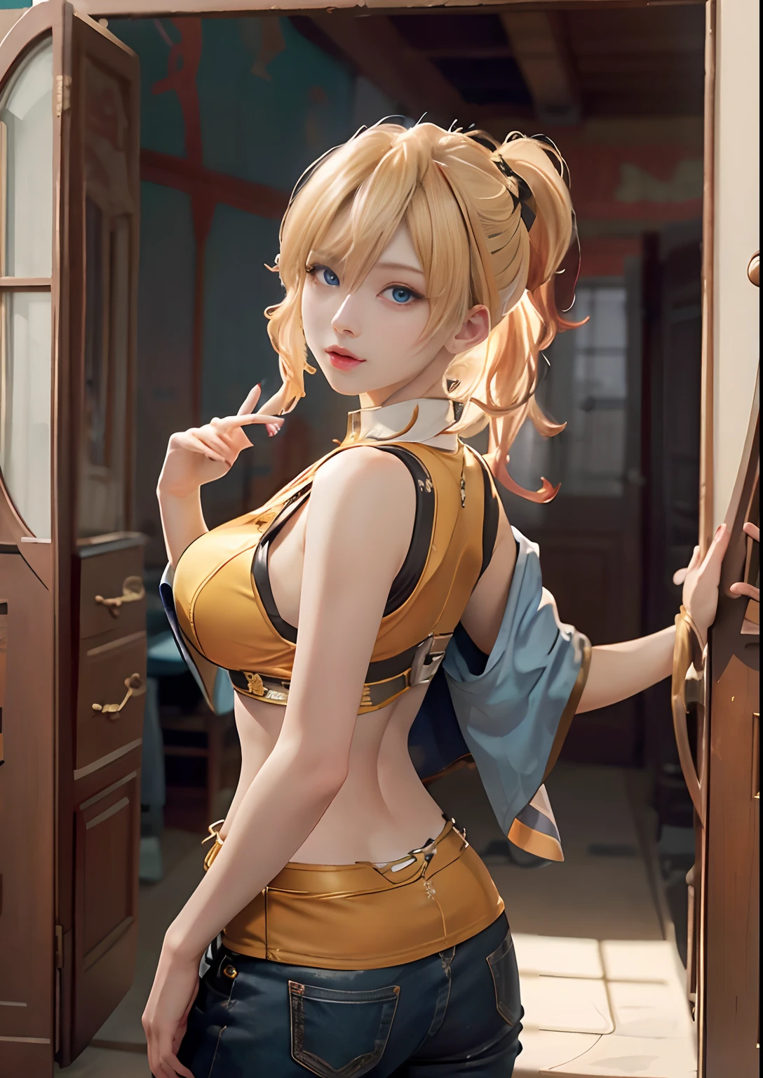 "(Masterpiece, Best quality, Realism, Real, Photo: 1.4), Ji Xiaoman, Blonde, very cute face, Blue eyes, Upper body, Big breasts, Real, Photo，nakeness，rear-entry"