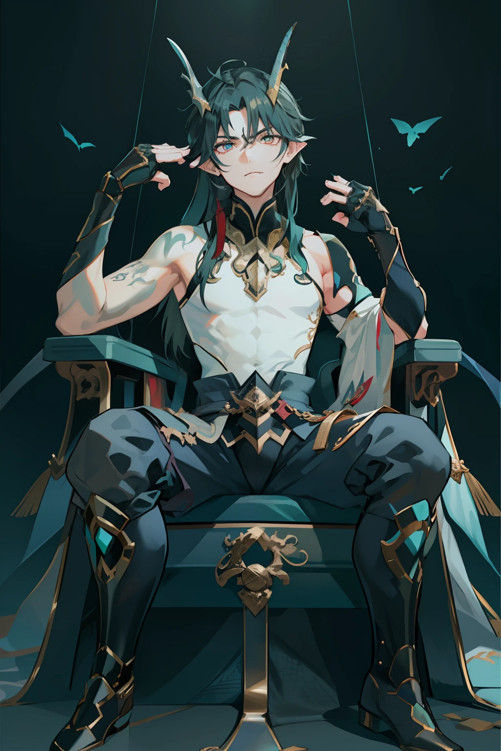 （absurderes，A high resolution，Hyper-detailing，hdr），Dragon's horn，younge boy，tmasterpiece，best qualtiy，1人，独奏，Handsome，Golden eyes，Fine eyes and detailed face，toppless，Tattooed with，arma，seated on a throne，Indifferent and arrogant，Abs，chest muscle，Raised sexy，Ruffian，Show your temperament，Male，masculine appeal，Male characteristics are distinct，Long messy hair，Arrogant self-confidence，Sitting majestically on the throne，Legs crossed，white pantie，supreme，Lazy