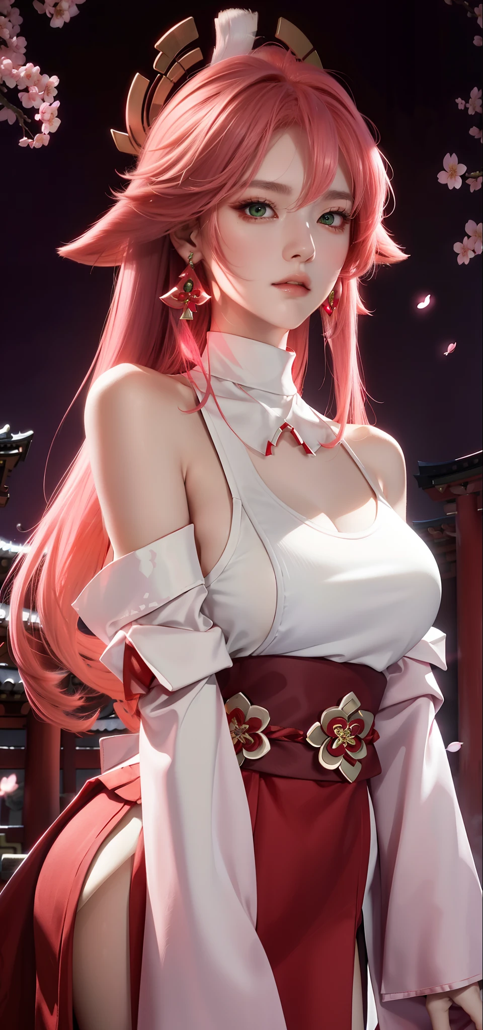 (Masterpiece, Excellent, 1girl, solo, complex details, color difference), realism, ((medium breath)), off-the-shoulders, big breasts, sexy, Yae Miko, long pink hair, red headdress, red highlight, hair above one eye, green eyes, earrings, sharp eyes, perfectly symmetrical figure, choker, neon shirt, open jacket, turtleneck sweater, against the wall, brick wall, graffiti, dim lighting, alley, looking at the audience, ((mean, seductive, charming)), ((cherry blossom background ))),((Japanese temple background)))), (((Glow-in-the-dark background)))