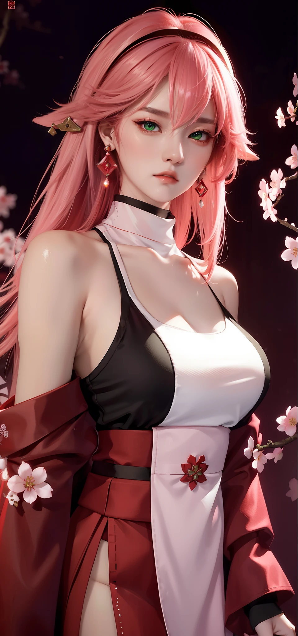 (Masterpiece, Excellent, 1girl, solo, complex details, color difference), realism, ((medium breath)), off-the-shoulders, big breasts, sexy, Yae Miko, long pink hair, red headdress, red highlight, hair above one eye, green eyes, earrings, sharp eyes, perfectly symmetrical figure, choker, neon shirt, open jacket, turtleneck sweater, against the wall, brick wall, graffiti, dim lighting, alley, looking at the audience, ((mean, seductive, charming)), ((cherry blossom background ))),((Japanese temple background)))), (((Glow-in-the-dark background)))