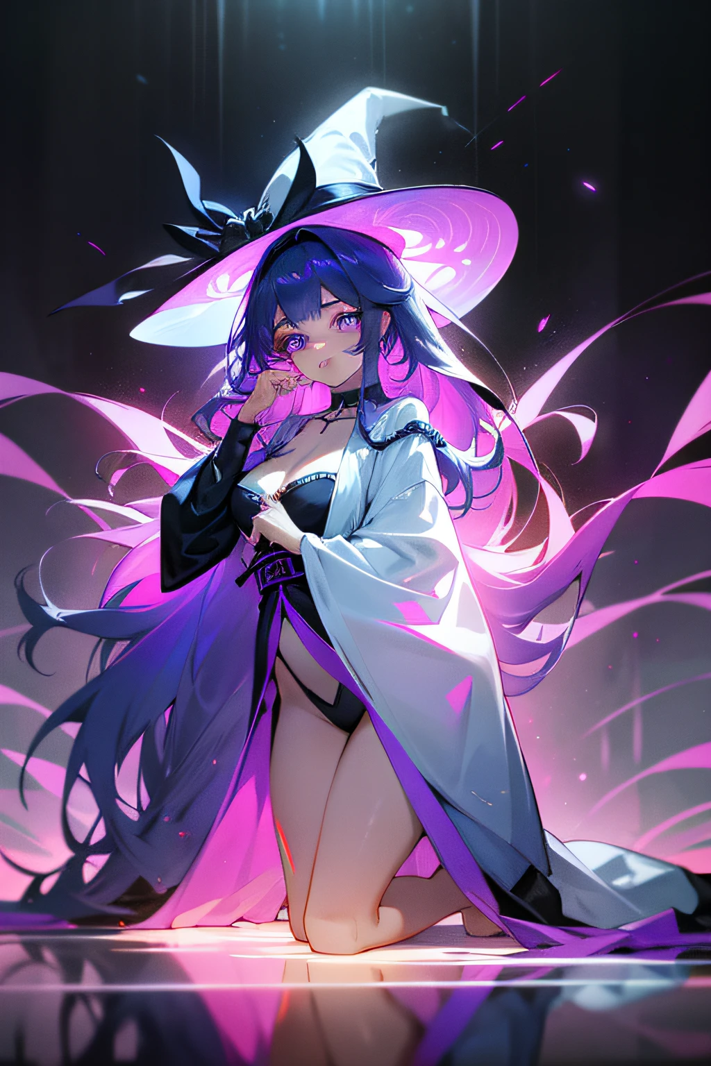 超高分辨率,8K分辨率,in a panoramic view,exquisite facial features,s the perfect face,femele,solo person,lewd nun,Eyebrows upturned,Snake pupils,fox ear,grieves,Hair over the shoulder,Pick dyeing,Purple hair big breasts,crossed bangs,ribbons,choker necklace,a garter belt,Kneeling,had his hands folded,Get close to the viewer,DOA,eventide,White skin,(The hair is decorated with a bow),(A beam of light hit her in the face),(Hair glowing hair),Peerless beauty,Hair is depicted in detail,Small nose,exquisite lighting and shadows,Straight nose,Very good skin type,Delicate eye description,Clear eyes,(Messy hair),The facial features of the golden ratio,k hd,with light glowing,high qulity,fresh flowers,White glowing particle effect,(rich colours),(Delicate makeup),(Thick lips),lipsticks,glowing light eyes,(High-gloss eyeshadow),(Smooth, straight hair),Face Shadow,Facial highlights,blue colored eyes,Pink eyelashes,shrine maiden clothe,bare-legged,Witch hat