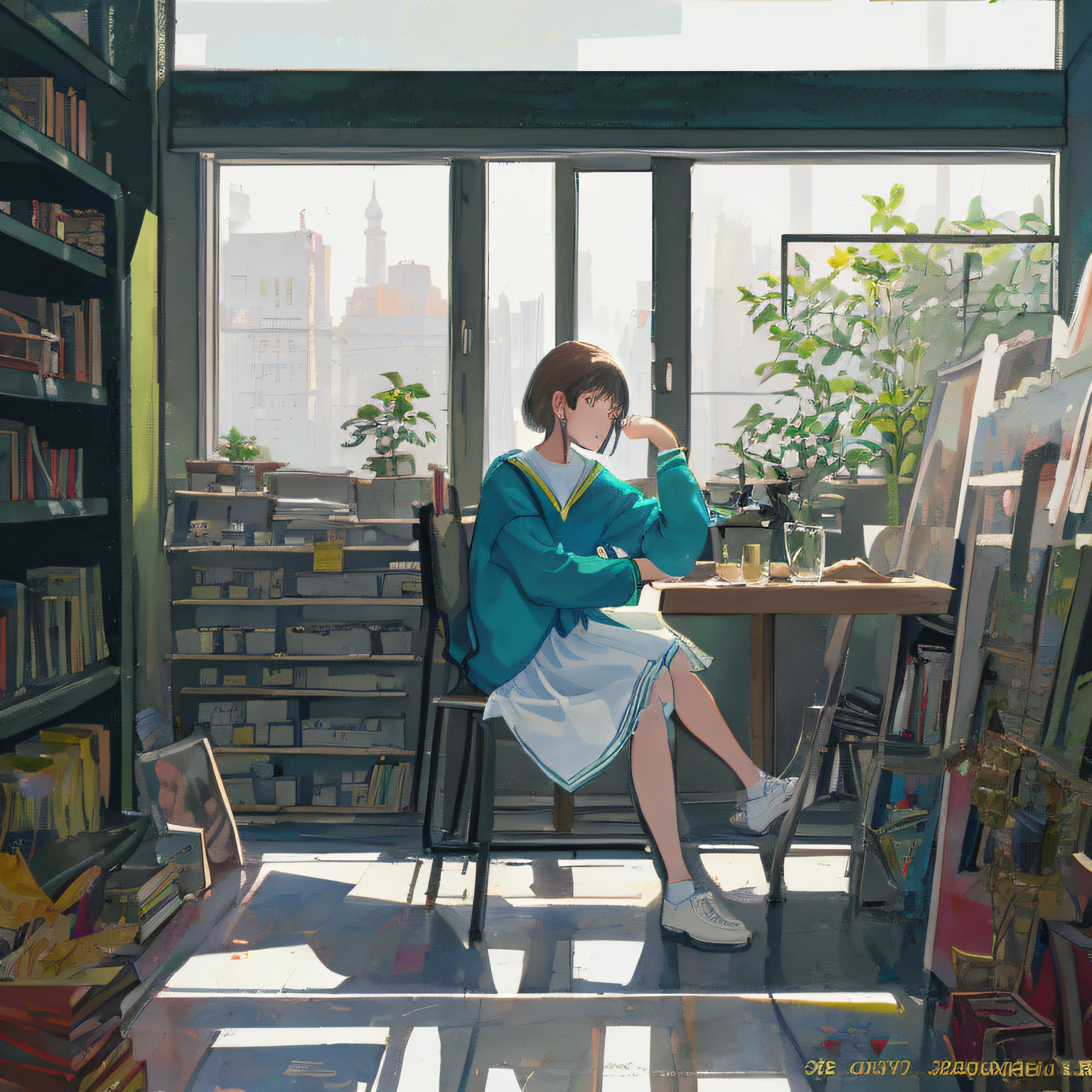 “（（tmasterpiece）），HighestQuali，Extremely detailed watercolor，8k wallpaper illustration！
"A girl sits at a table，looking at book，storeroom，There are many varieties of hybrids，Located on a plain with a constant climate，Sunlight shines on the table through the glass windows，Outside the window is the street。”
“（（Enlarge the master floor plan），Plain street with a flat view，carefully drawn）！”