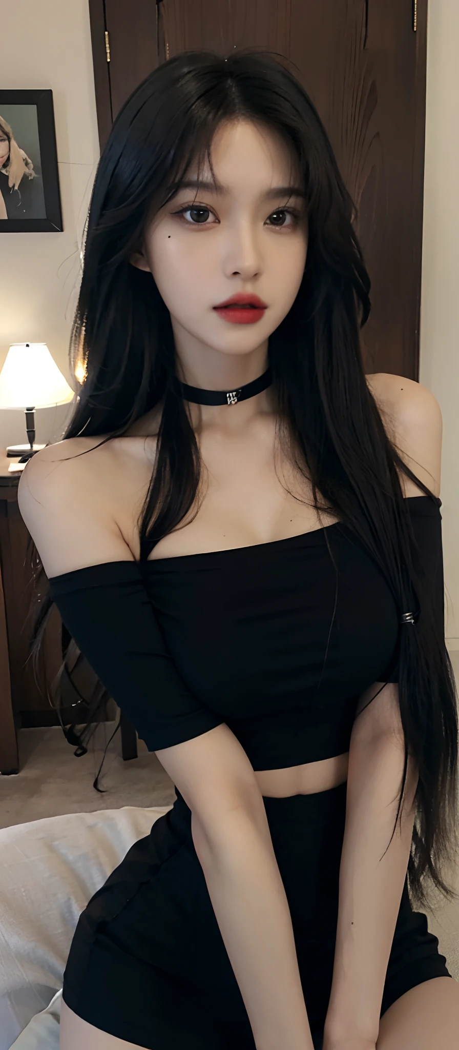 Off-shoulder and miniskirt with black frills、thick-soled short boots、garter belt & fishnet tights、long black hair、jirai make、jirai fashion、heavy makeup、perfect human body、big breasts、age girl、汚れた裏路地、缶に入ったアルコールをストローで飲む