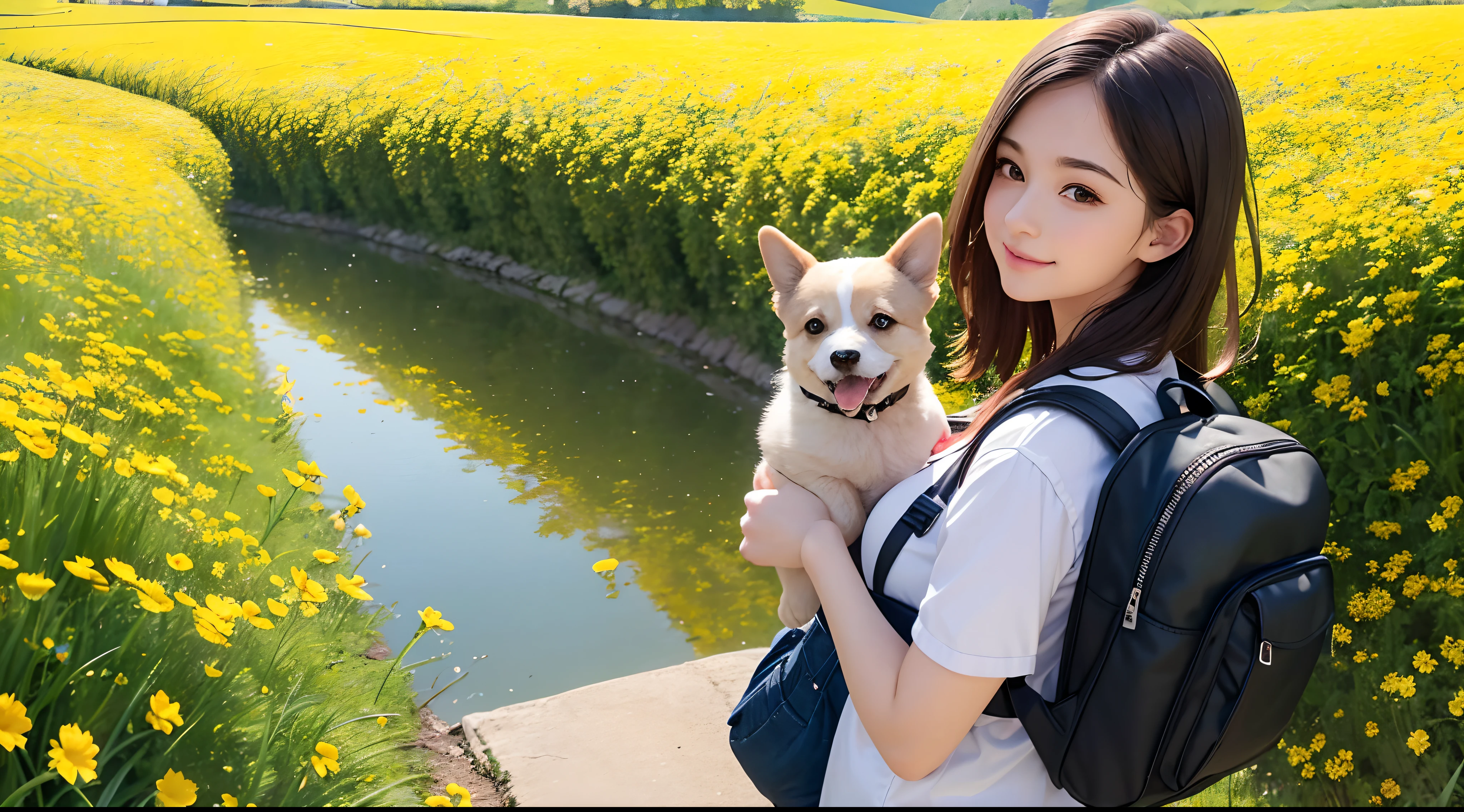 An incredibly charming cute busty girl carrying a backpack, accompanied by her adorable puppy, enjoying a lovely spring outing surrounded by beautiful yellow flowers and natural scenery. The illustration is in high definition at 4k resolution, with highly-detailed facial features and cartoon-style visuals.