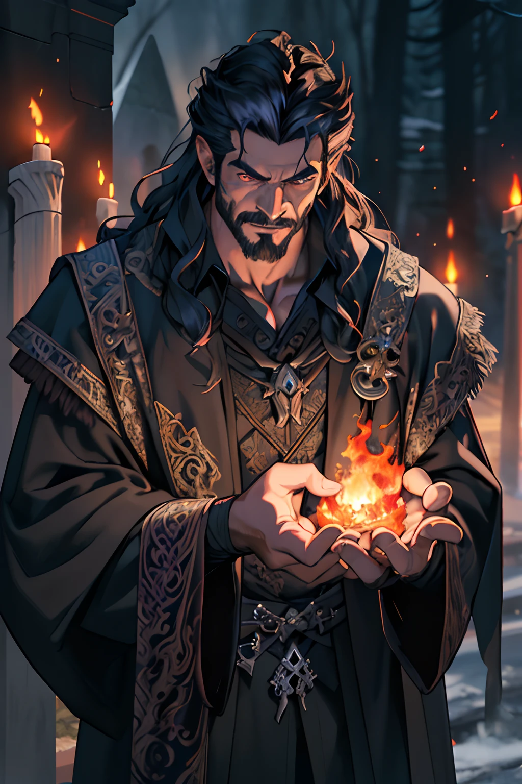 Best quality, masterpiece, ultra high res, detailed background, realistic, hades style, solo, male, mature, bara, muscular, mature male, long hair, facial hair, wizard, dragon sorcerer, graveyard, skull, fire, horror \(theme\),dark fantasy, evil, overcoat, depth of field