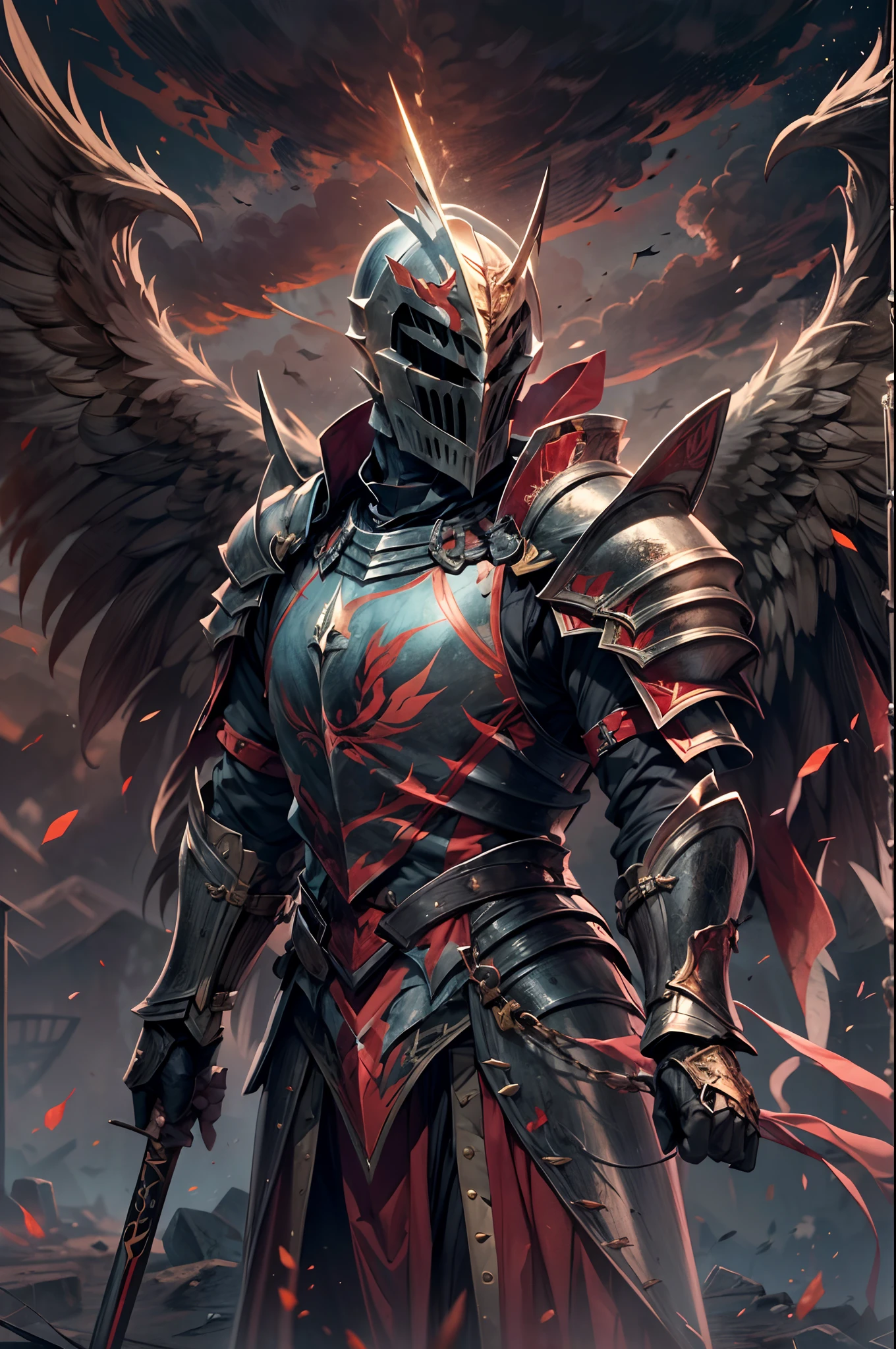 In a realm ravaged by darkness and despair, visualize a scene where a fully armored angelic knight emerges as a beacon of hope. Clad in gleaming armor, the knight stands tall with outstretched wings, exuding an aura of strength and unwavering resolve. Set the scene amidst a desolate battlefield, where the remnants of a fierce battle lay strewn across scorched earth. The sky above crackles with dark energy, hinting at the looming threat that still persists.
BREAK
Explore the intricate details of the knight's armor, from the polished metal plates adorned with celestial motifs to the ethereal glow emanating from their sword and shield. Consider their expression, capturing the determination and compassion that define their noble purpose.
BREAK
As the knight surveys the aftermath of the battle, describe the landscape that unfolds - a war-torn land scarred by darkness, yet touched by the faint glimmers of hope. Explore the poignant contrast between destruction and the resilient spirit embodied by the knight.
BREAK
Craft a story or scene that encapsulates the essence of this moment, delving into the knight's motivations, internal struggles, and the weight of their responsibility as a protector. Consider weaving in elements of the fantastical world they inhabit, such as otherworldly creatures or forces of darkness, to enhance the narrative and fuel the knight's heroic journey.