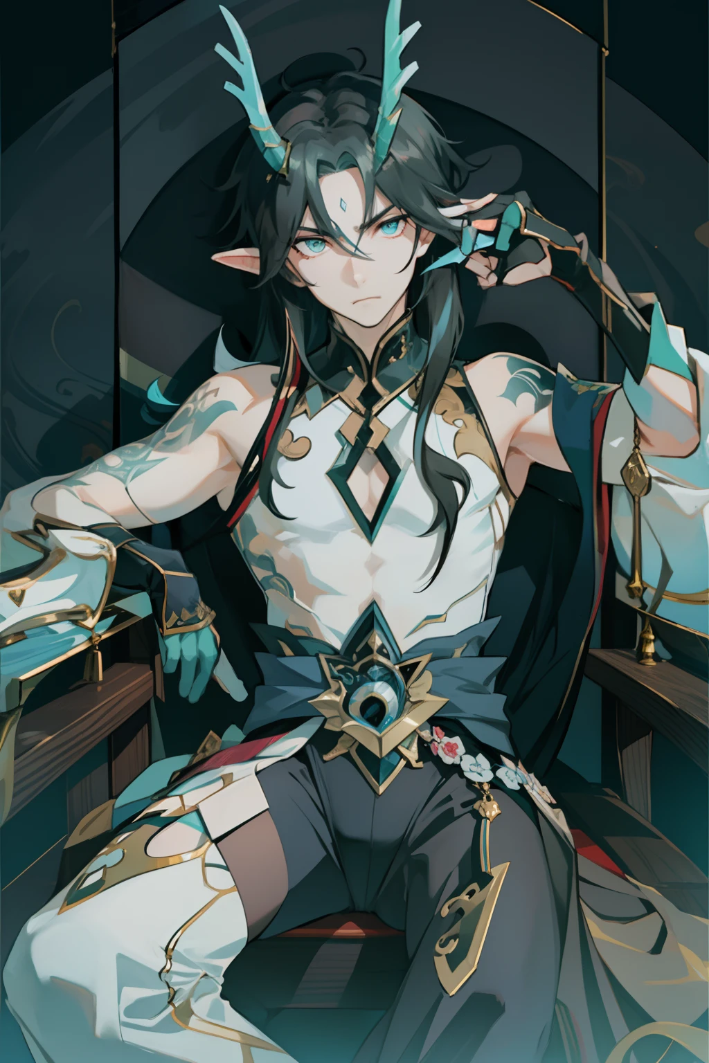 (absurderes,A high resolution,Hyper-detailing,hdr),Dragon's horn,younge boy,tmasterpiece,best qualtiy,1人,独奏,Handsome,Golden eyes,Fine eyes and detailed face,toppless,Tattooed with,arma,seated on a throne,Indifferent and arrogant,Abs,chest muscle,Raised sexy,Ruffian,Show your temperament,Male,masculine appeal,Male characteristics are distinct,Long messy hair,Arrogant self-confidence,Sitting majestically on the throne,Legs crossed,white pantie,supreme,Lazy