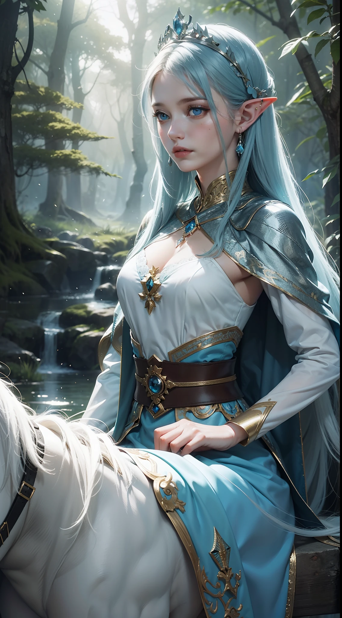 A woman on a white horse，blue color eyes，exquisite facial features，Liv Taylor，Elf Princess，faeries，In the forest，The style of oil painting，Dreamy light and shadow，rich details​，Melancholic and seductive，enchanting elegance