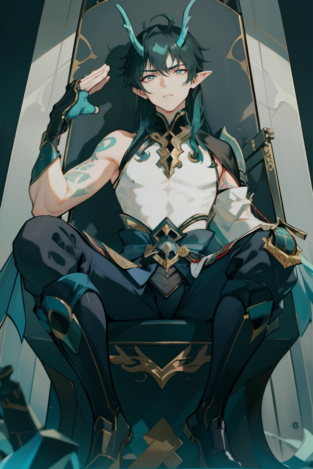 (absurderes,A high resolution,Hyper-detailing,hdr),Dragon's horn,younge boy,tmasterpiece,best qualtiy,1人,独奏,Handsome,Golden eyes,Fine eyes and detailed face,toppless,Tattooed with,arma,seated on a throne,Indifferent and arrogant,Abs,chest muscle,Raised sexy,Ruffian,Show your temperament,Male,masculine appeal,Male characteristics are distinct,Long messy hair,Arrogant self-confidence,Sitting majestically on the throne,Legs crossed,white pantie,supreme,Lazy,Cool
