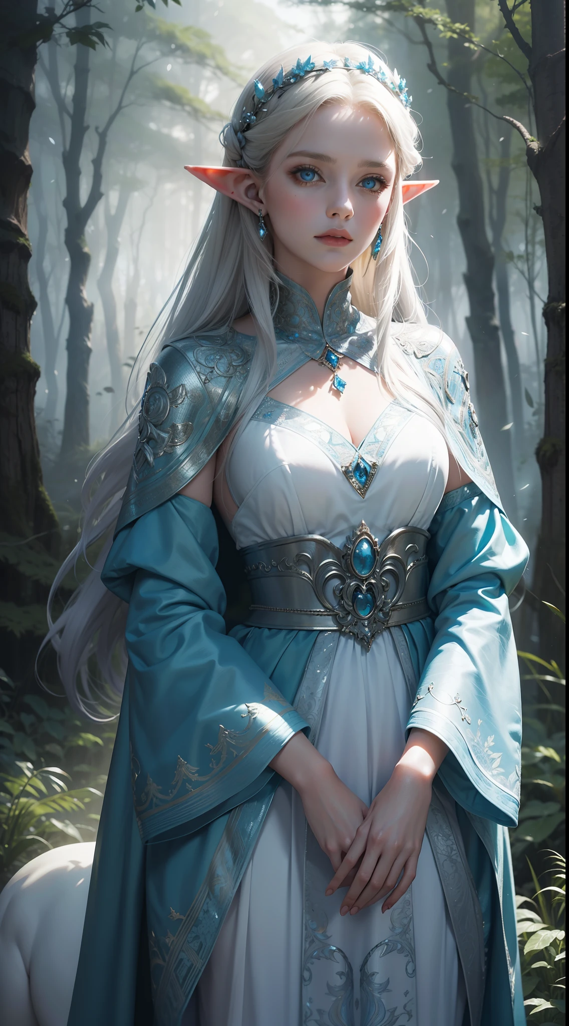 A woman on a white horse，blue color eyes，exquisite facial features，Liv Taylor，Elf Princess，faeries，In the forest，The style of oil painting，Dreamy light and shadow，rich details​，Melancholic and seductive，enchanting elegance