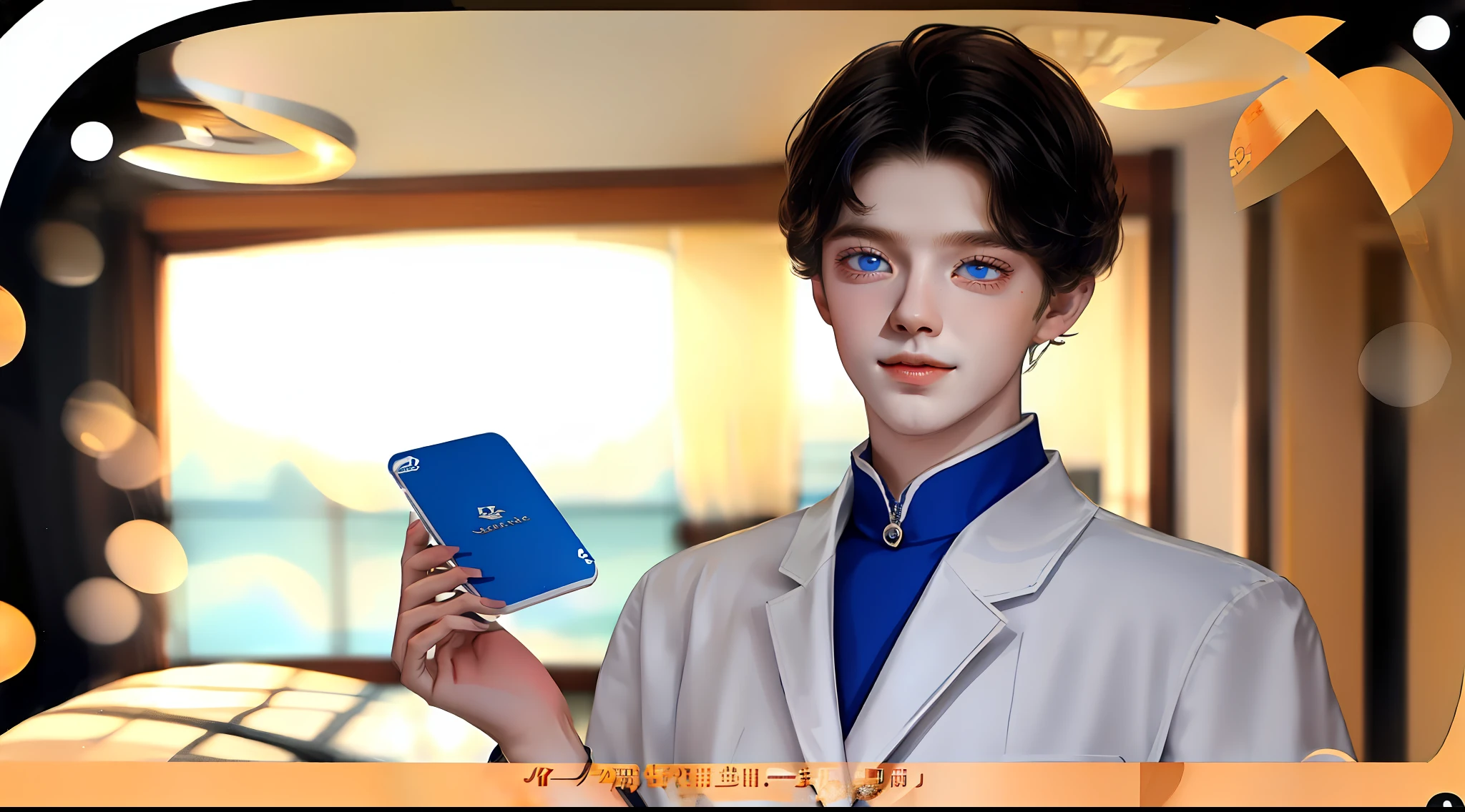 a boy of 18 years old weating pent coat of white colour , he is very happy , he is in his room ,holding his result card in his hand, 4k ,black hair, oval shape head , blue eyes