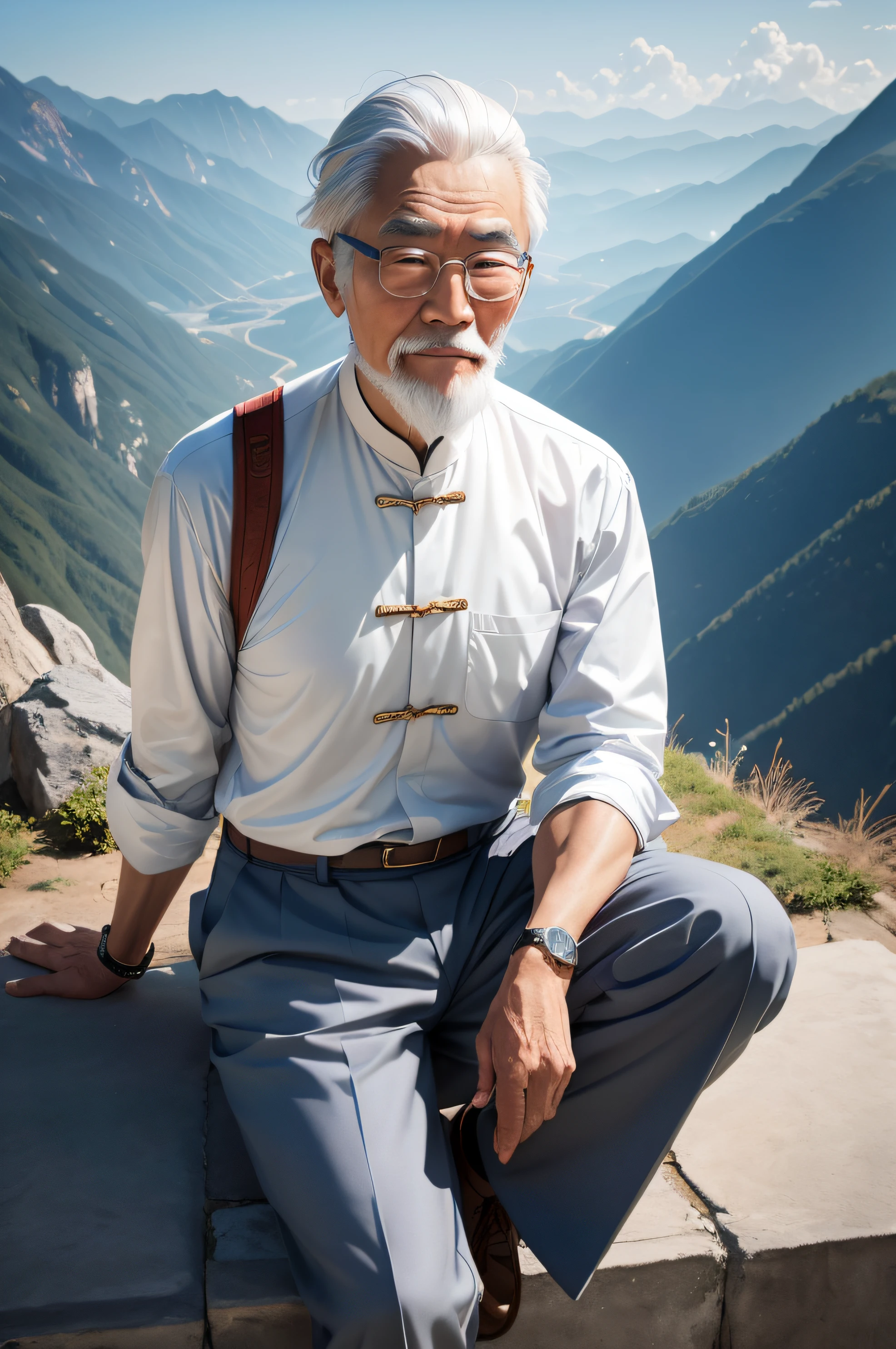 There is an old Chinese professor sitting on a mountain view windowsill, White hair，Hyper-realistic style，Chinese style clothes，wears glasses，wears a watch，Wear clean clothes