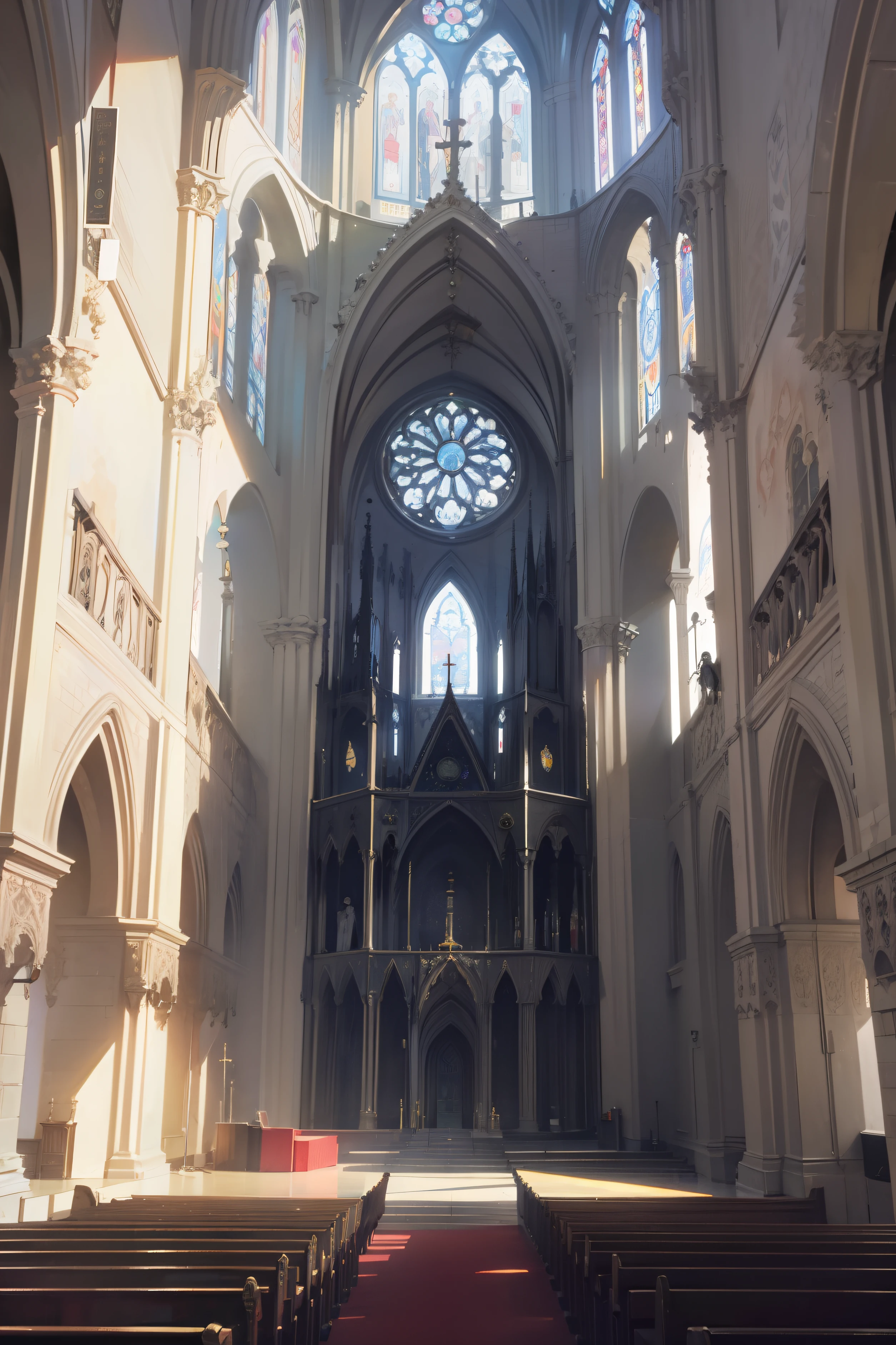 Huge church, A Gothic Church, There are two minarets, Resplendent, A ray of sunlight shines through the clouds, Dingdall effect, The sun shines on the top of the tower, There are detailed carvings on the walls, Cologne Cathedral, Masterpiece, Award-Awarded, High details