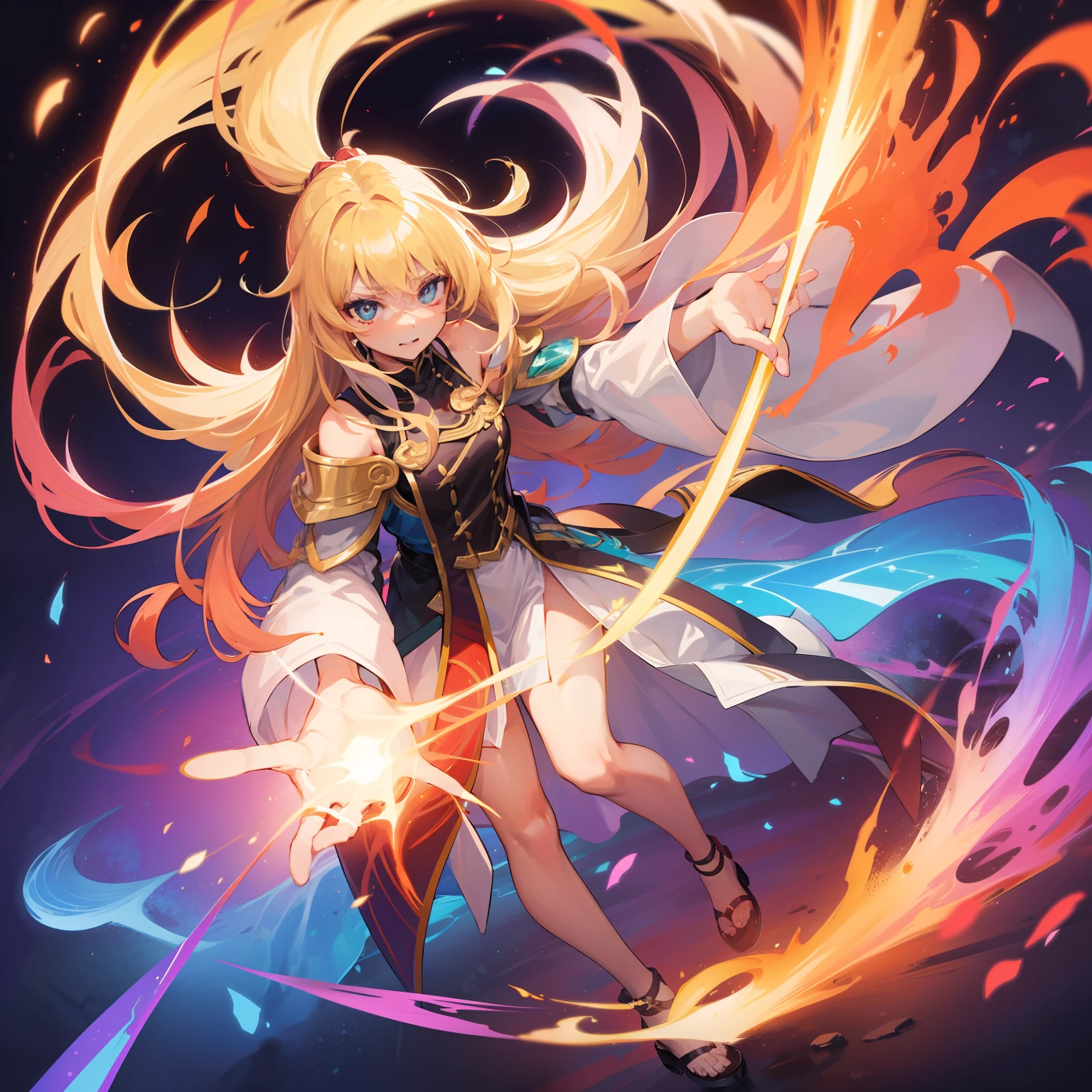 top-quality、1 female、gradation hair、a blond、sorcerer、Fire magic、gradient background、Iridescent background、Holding the cane in the right hand、Put your right hand forward、Left hand is a fist、Light converging in the right hand