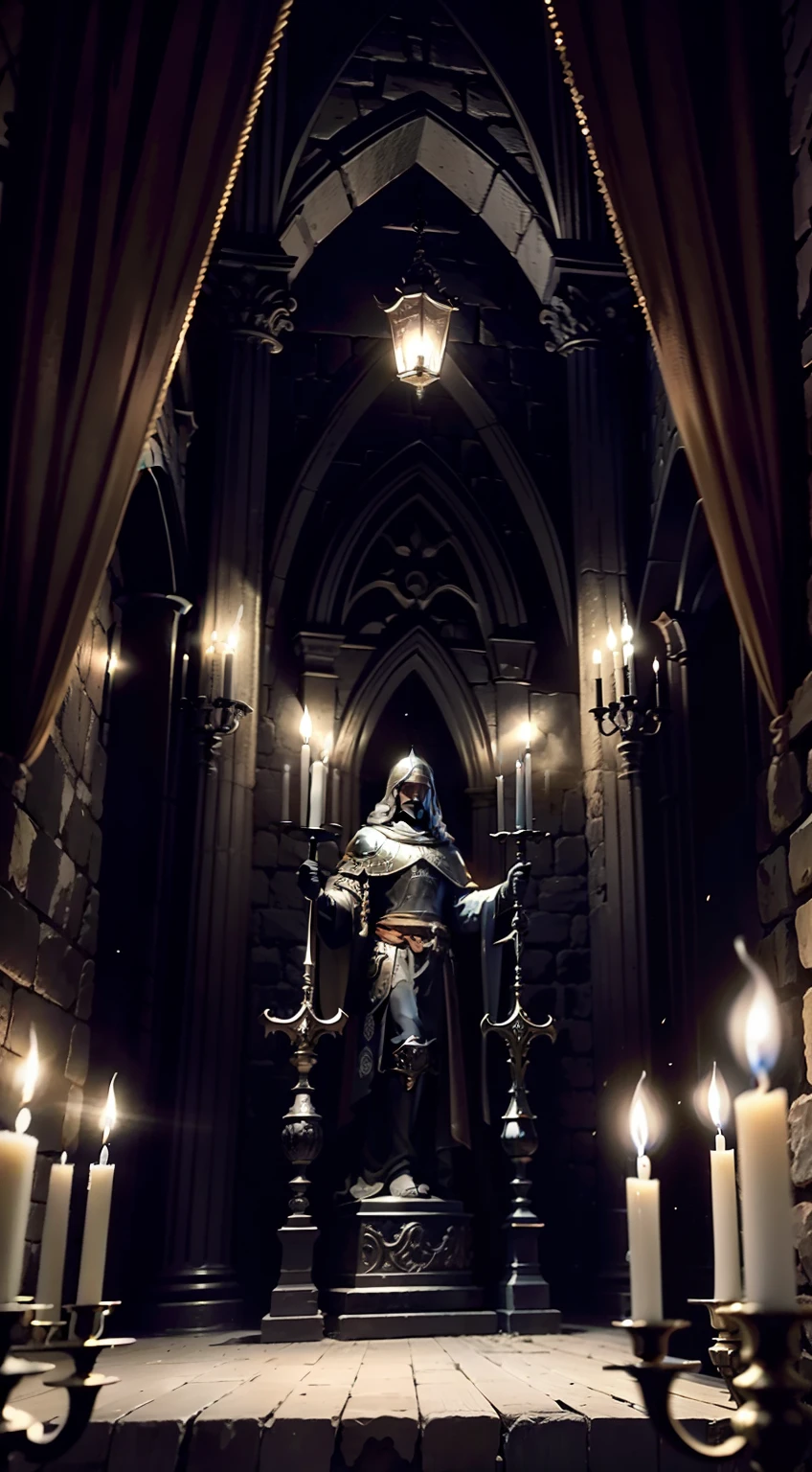 Medieval armor，Inside the dark castle，The sword，battleaxe，hanging lights，Burnt out candles，Statue of Jesus，Dust and cobwebs，Black curtains，sconces