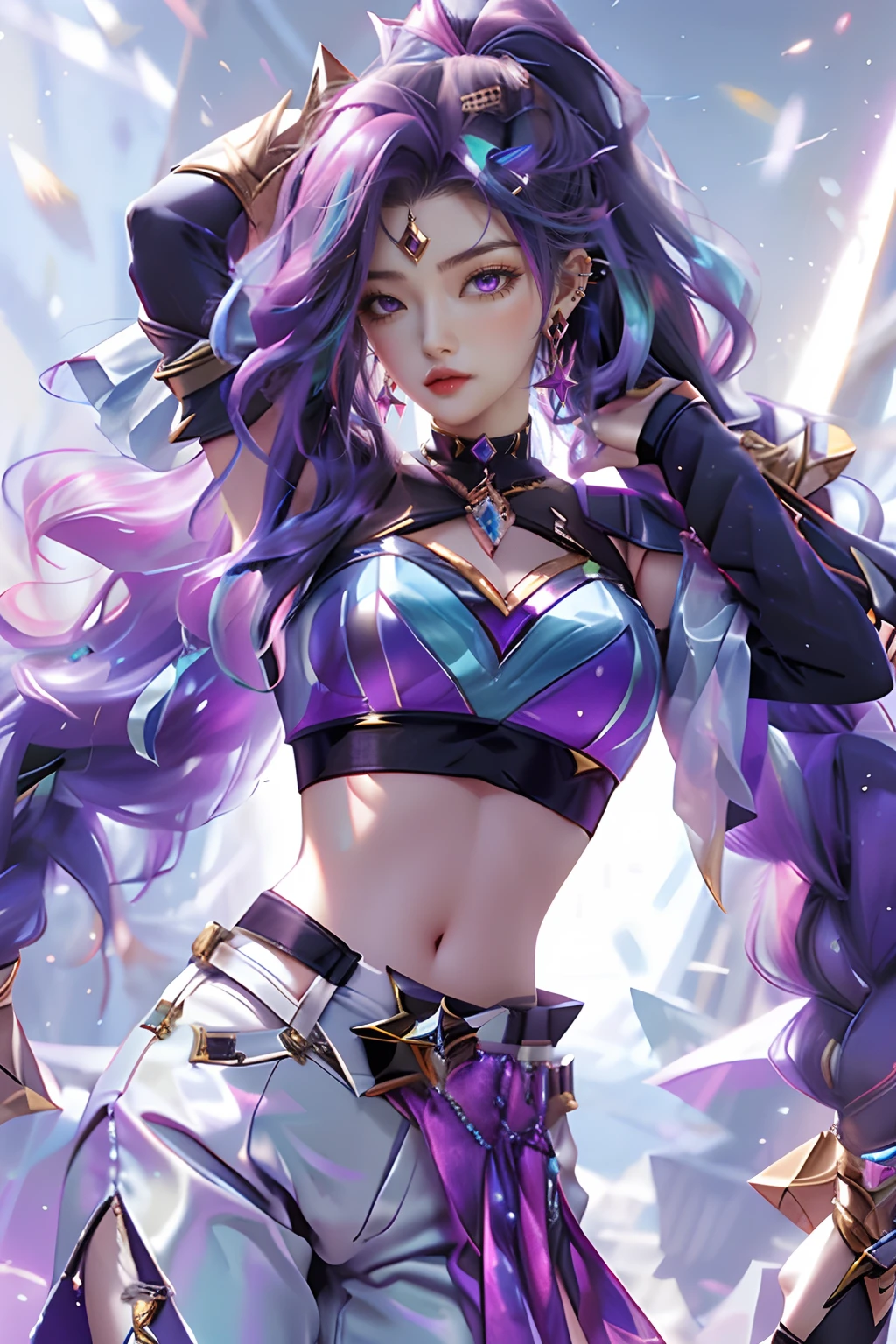 best quality, 1girl, solo, long hair, looking at viewer,  multicolored hair, earrings, detached sleeves, midriff, pants,  k/da \(league of legends\)