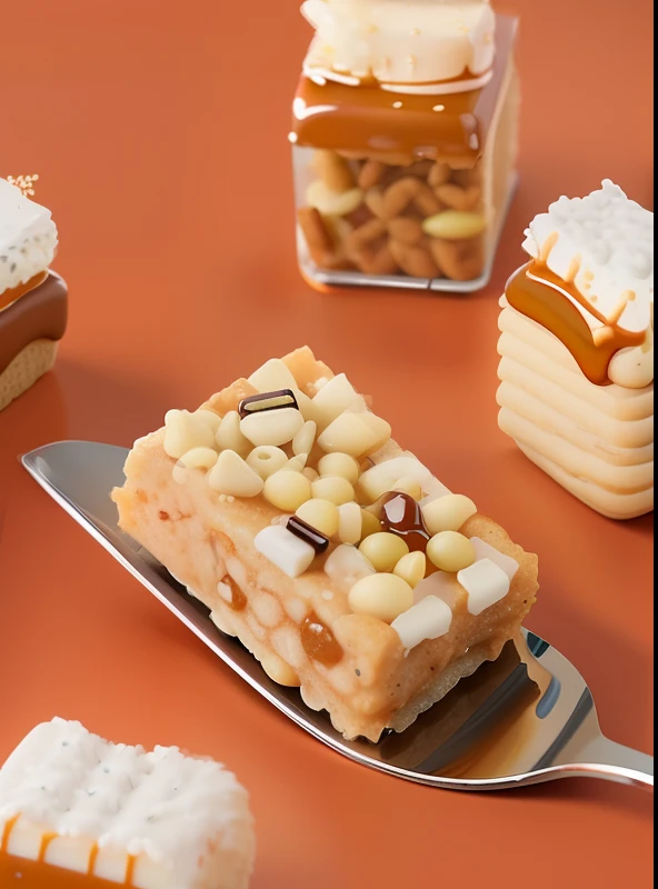 There is a fork next to some food, crispy. Highly detailed, luscious with sesame seeds, 3 4 5 3 1, crackles, Made from baked beans, 4 0 9 6, caramel, cereal, highly complex, recipe, Ready to eat, Snacks, grain”, super realistic food picture, hyperdetailed crisp render, eating mars bar candy