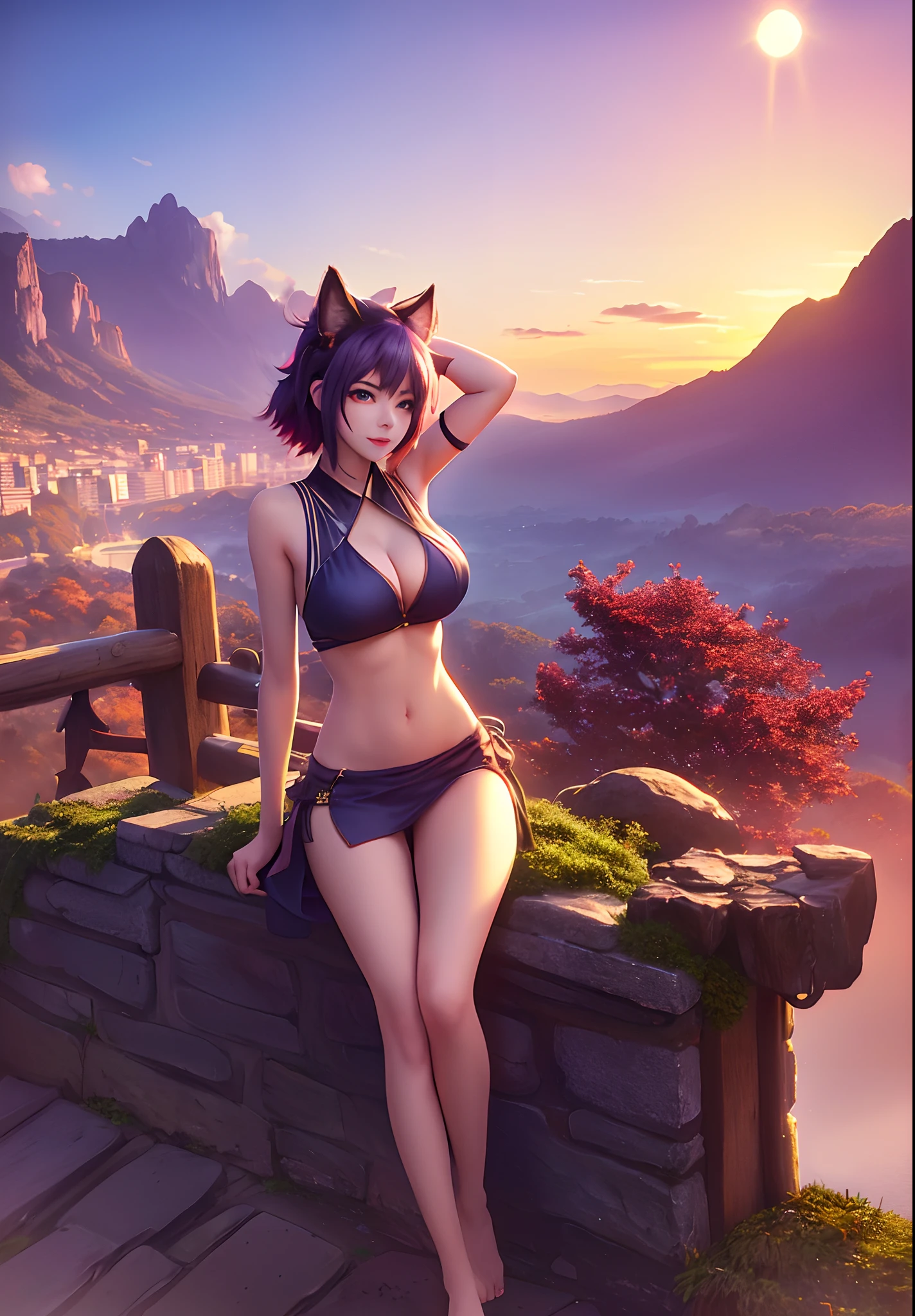 extremely detailed CG,UHD wallpaper, Extreme details,(((best quality))), ((ultra-detailed)),1girl, animal_ears, black_hair, blue_eyes, ???????, cat_ears,(?????_towel), cloud, cloudy_sky, dusk, evening, gradient_sky, horizon, looking_at_viewer, makeup, ??????????????, watery,weat,weatdrop,mountain, mountainous_horizon, navel, ocean, orange_sky, outdoors, palm_tree, purple_sky, red_sky, short_hair, sitting, sky, smile, solo, sun, sunrise, sunset, towel, tree, twilight, water
