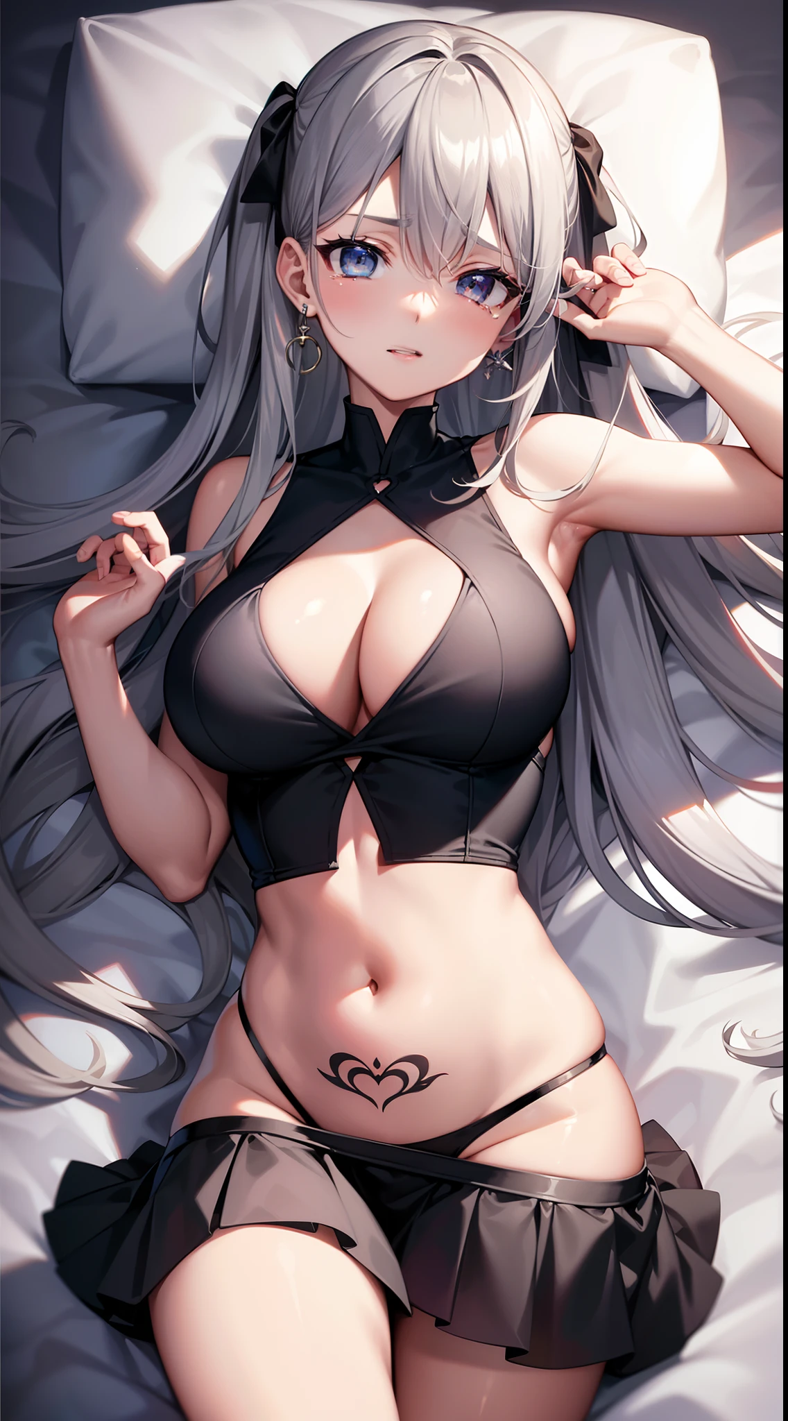 (1girl:1.1), solo focus, (sick and charming:1.1), lie in bed, (keywords sexy tube top:1.1), hip skirt, light and thin., black stockings, translucent clothes, bottomless, leg tattoo, (lying:1.21), long hair, grey hair, gradient hair, hair spread out, hair one side up, earrings, cleavage, (covered :1.1), large breasts, breasts out, tears, crying with eyes open, covering mouth, (heart in eye:1.1), (bedroom:1.1), shendailishi/\(/anime character）, Hasselblad, 85mm, f/2.8, lens flare, chiaroscuro, depth of field, cinematic lighting, ray tracing, backlighting, film grain, super detail, anatomically correct, textured skin, best quality, high details, high quality, 4K