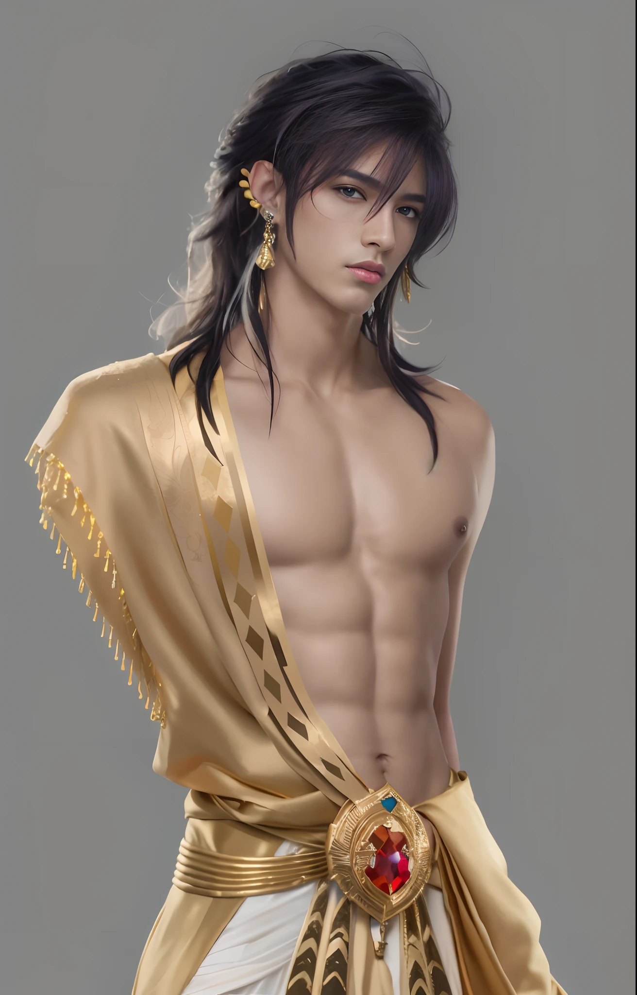 Dressed in gold,Arafede male in golden shawl, Delicate androgynous prince, Beautiful androgynous prince, handsome prince of persia, skinny male fantasy alchemist, inspired by Yang Jin, handsome stunning realistic, Beautiful male elf, attractive androgynous humanoid, attractive male deity, by Yang J, handsome guy in demon killer art, Prince of Egypt, Pharaoh