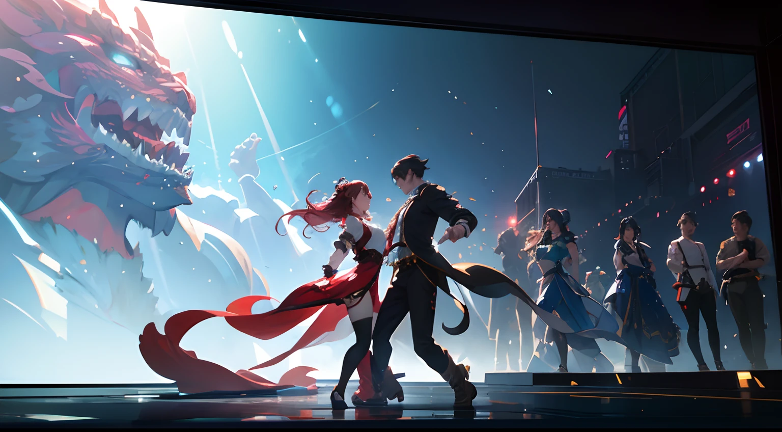 Characters dance on stage、There is a projection screen behind, Dancing to each other, anime style 4 k, Spectacular 8K HD, krenz cushart and wenjun lin, Trending on CGSTATION, artgerm and atey ghailan