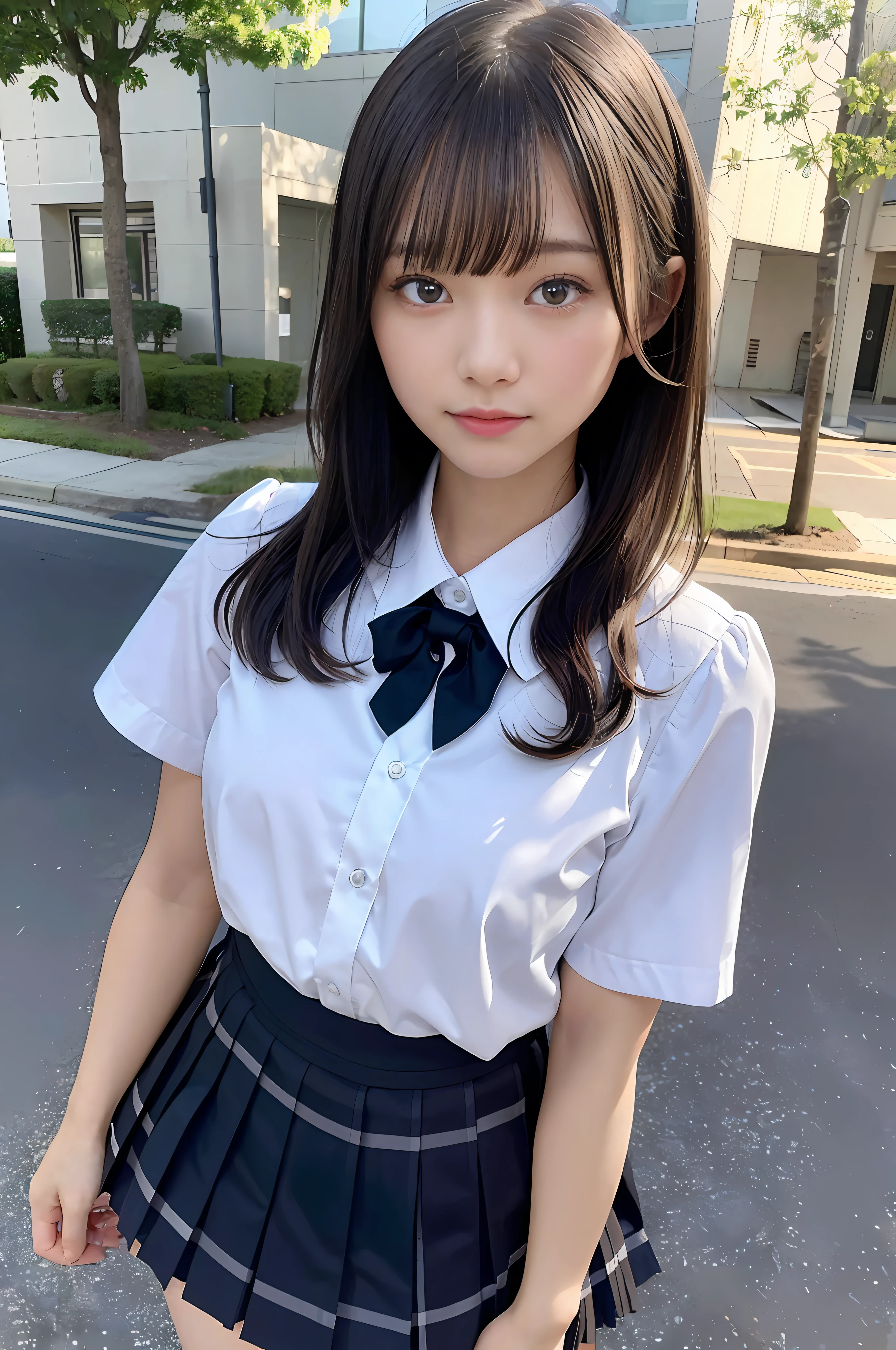 masterpiece, best quality, photorealistic, raw photo, DSLR, beautiful Japanese girl, 15-year-old, solo, highly detailed fair skin, shiny skin, realistic face, beautiful face, no makeup face, (highly detailed realistic eyes), beautiful eyes, bright eyes, double eyelids, look at viewer, (black short hair), (dark short hair), bangs, disheveled hair, slim figure, slim face, big breasts, ((school uniform, short sleeve, mini pleated skirt, narrow dirt country road)), beautiful lighting, perfect lighting, realistic shadows, highly detailed, highly delicate and beautiful, ultra high resolution, 8k UHD wallpaper,