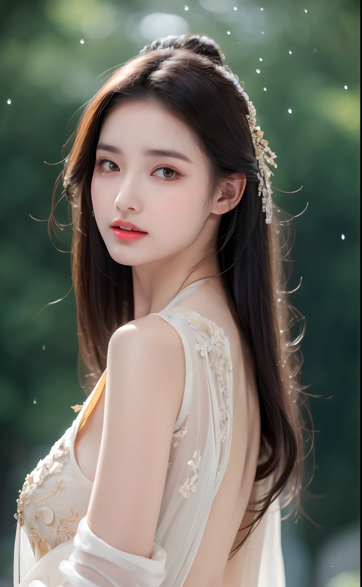 ((Best Quality, 8k, Masterpiece: 1.3)), Focus: 1.2, Perfect Body Beauty: 1.4, Buttocks: 1.2, ((Layered Haircut)), (Wet Clothes: 1.1), (Rain, Street:1.3), (Breasts: 1.2), (Hanfu: 1.2), Bare Shoulders, Bare Legs, Highly Detailed Face and Skin Texture, Fine Eyes, Double Eyelids, Whitened Skin, Long Hair, (Shut Up: 1.5), (Bokeh Background: 1.5), Big Breasts