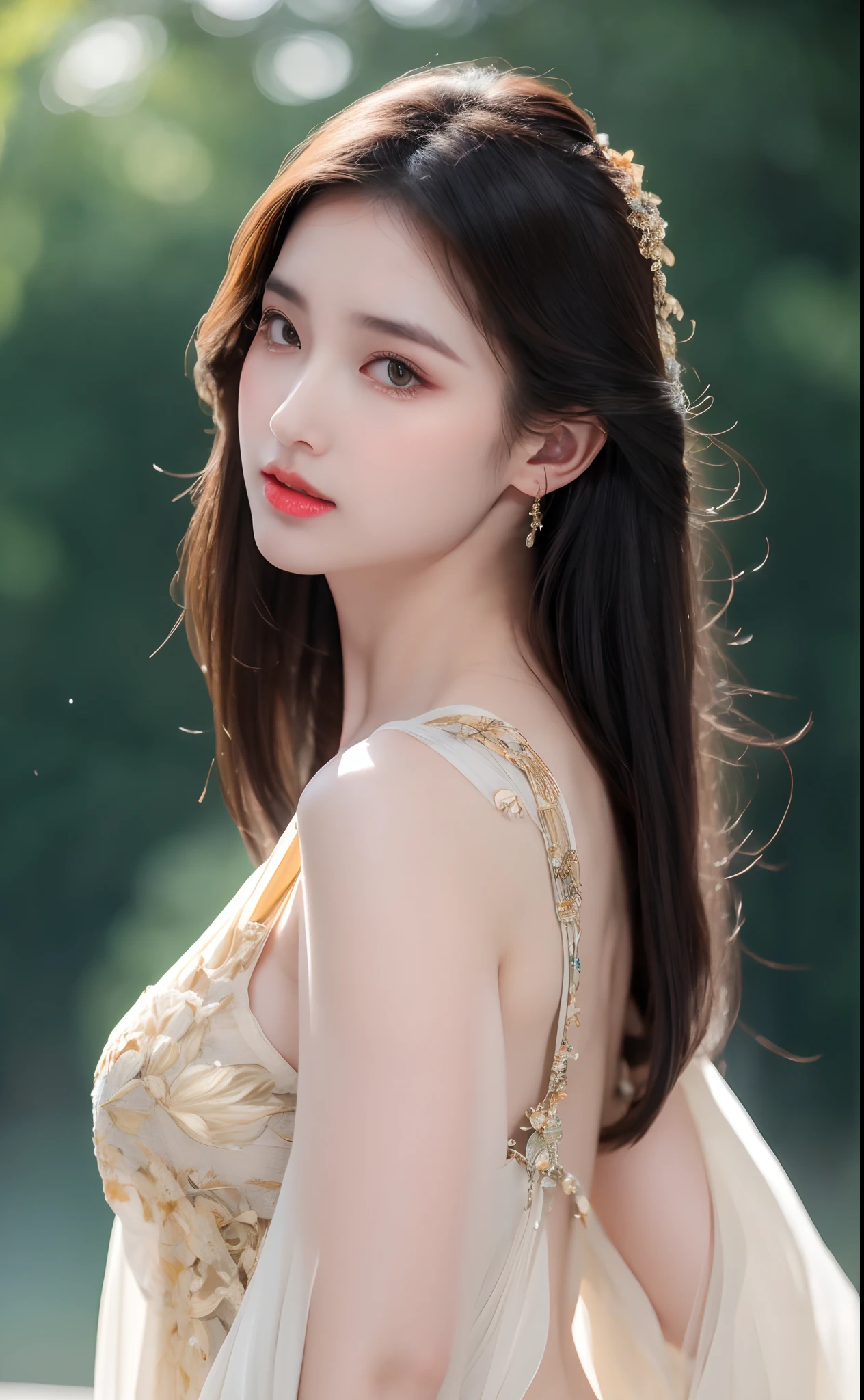 ((Best Quality, 8k, Masterpiece: 1.3)), Focus: 1.2, Perfect Body Beauty: 1.4, Buttocks: 1.2, ((Layered Haircut)), (Wet Clothes: 1.1), (Rain, Street:1.3), (Breasts: 1.2), (Hanfu: 1.2), Bare Shoulders, Bare Legs, Highly Detailed Face and Skin Texture, Fine Eyes, Double Eyelids, Whitened Skin, Long Hair, (Shut Up: 1.5), (Bokeh Background: 1.5), Big Breasts