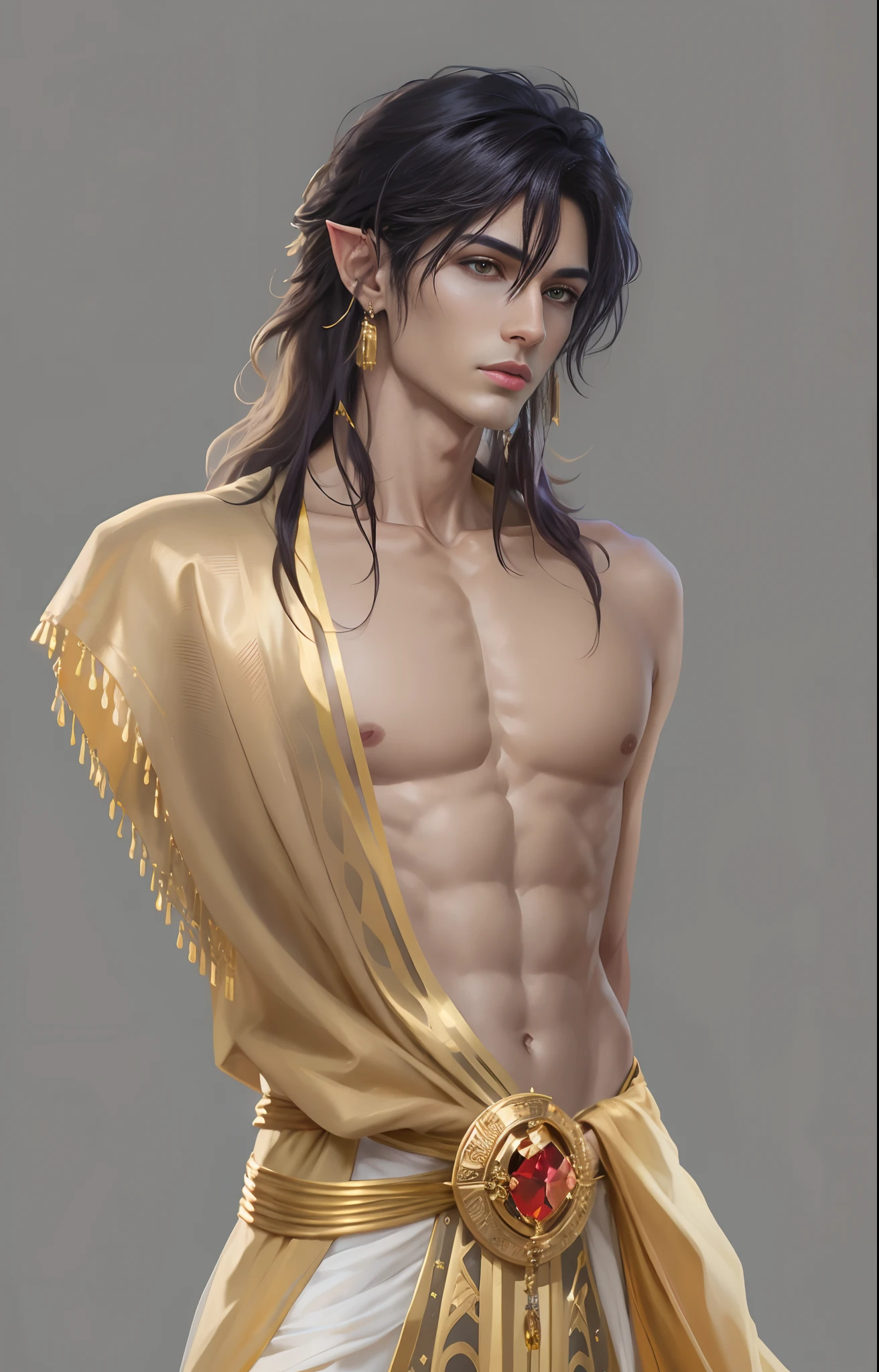 Dressed in gold,Arafede male in golden shawl, Delicate androgynous prince, Beautiful androgynous prince, handsome prince of persia, skinny male fantasy alchemist, inspired by Yang Jin, handsome stunning realistic, Beautiful male elf, attractive androgynous humanoid, attractive male deity, by Yang J, handsome guy in demon killer art, Prince of Egypt, Pharaoh