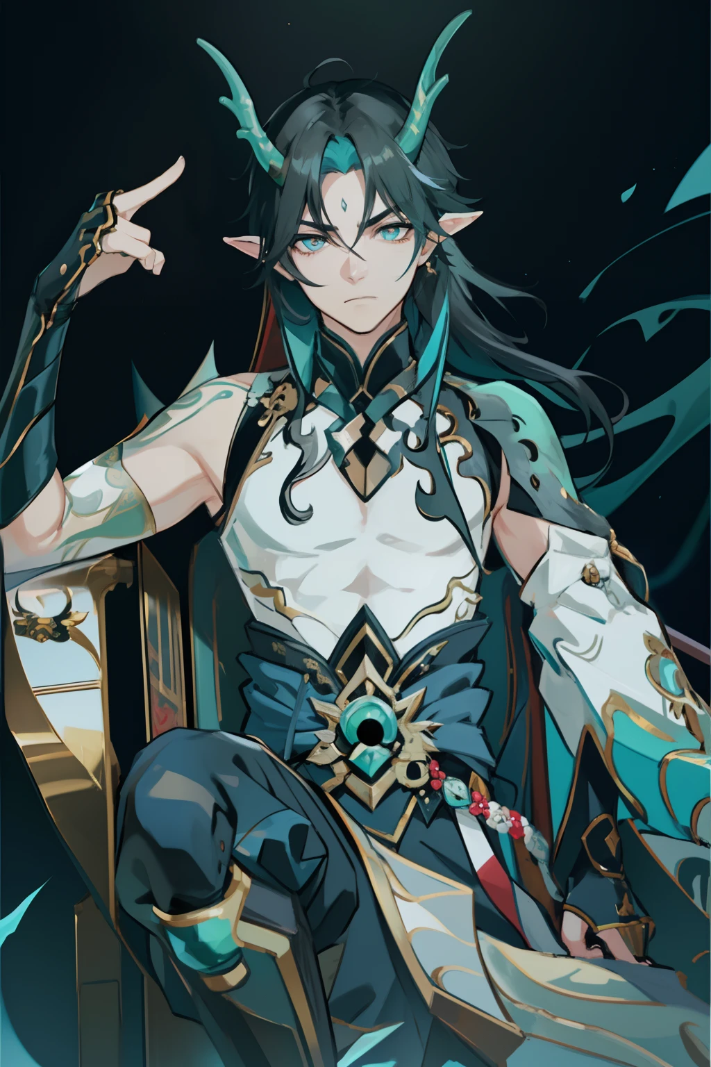 (absurderes,A high resolution,Hyper-detailing,hdr),Dragon's horn,younge boy,tmasterpiece,best qualtiy,1人,独奏,Handsome,Golden eyes,Fine eyes and detailed face,toppless,Tattooed with,arma,seated on a throne,Indifferent and arrogant,Abs,chest muscle,Raised sexy,Ruffian,Show your temperament,Male,masculine appeal,Male characteristics are distinct,Long messy hair,Arrogant,self-assured,Sitting majestically on the throne,Legs crossed,white pantie,supreme,Lazy,Handsome,