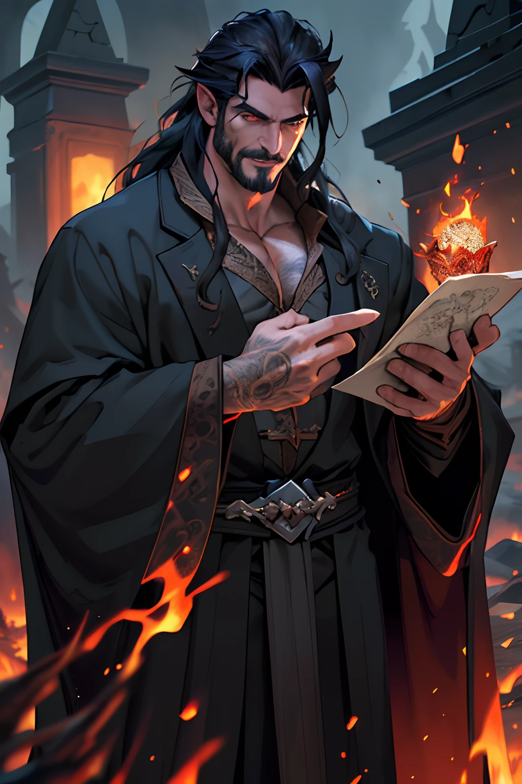 Best quality, masterpiece, ultra high res, detailed background, realistic, hades style, solo, male, mature, bara, muscular, mature male, long hair, facial hair, wizard, dragon sorcerer, graveyard, treasurew, fire, horror \(theme\),dark fantasy, evil, overcoat, depth of field