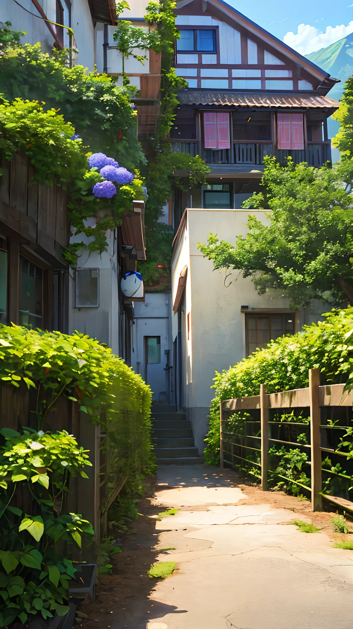 (ultra high res,photorealistic,best quality,photo-realistic),(8k,raw photo,best quality,masterplece),(photon mapping,radiosity,physically-based rendering,automatic white balance),real person,photograph,bridge, building, bush, city, cloud, day, door, fence, field,orest, garden, grass, house, hydrangea, mountain, nature, no_humans, outdoors, path, plant, potted_plant, purple_flower, road, scenery, sky, skyscraper, traditional_media, tree,