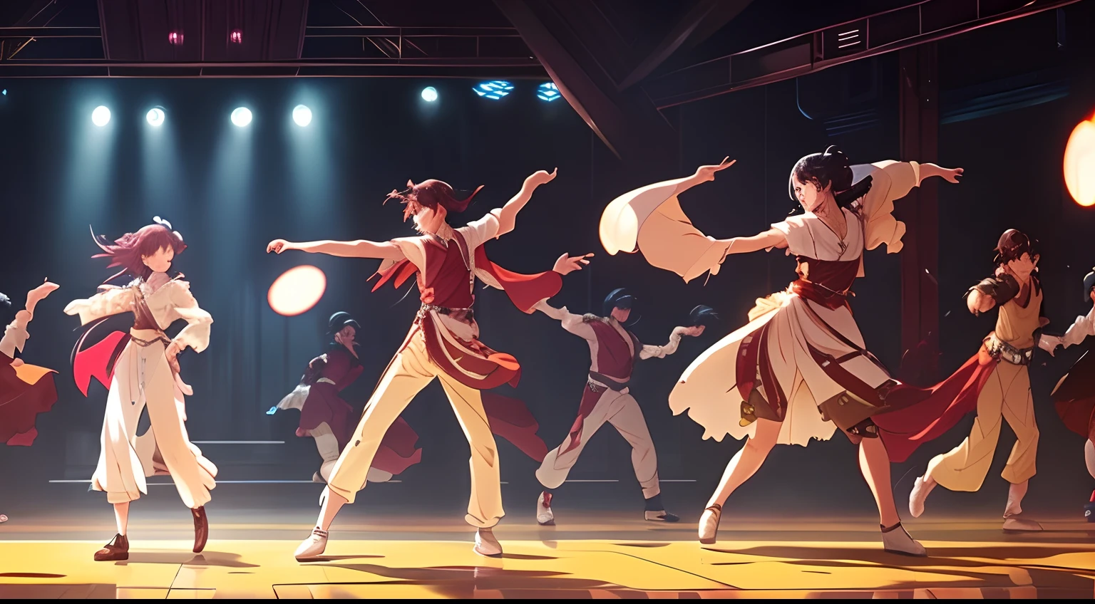Characters dance on stage、There is a projection screen behind, Dancing to each other, anime style 4 k, Spectacular 8K HD, krenz cushart and wenjun lin, Trending on CGSTATION, artgerm and atey ghailan