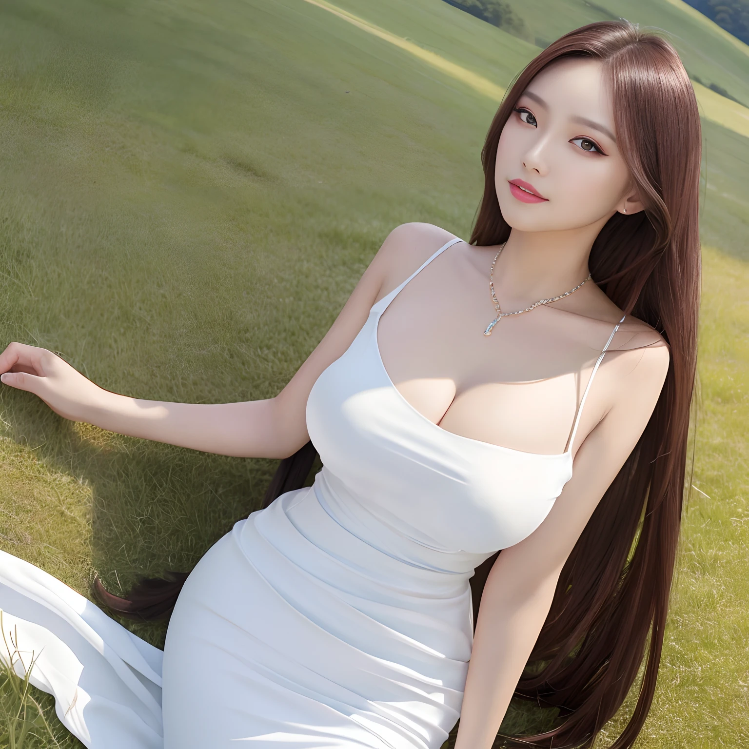 tmasterpiece,high qulity,8k wallpaper,An elegant woman,Beautiful face,ssmile,light make-up,Clavicle chain,,Sexy buttocks,posterior view,Tight print white dress,accentuate figure,Grass background,baiyun,blue-sky,Epic-level graphics